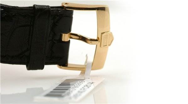 The image shows a close-up side view of the buckle and leather strap of a Tag Heuer Monaco CW5140 Men's Yellow Gold Silver Dial CW5140 Men's Yellow Gold Silver Dial watch.