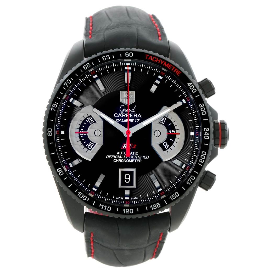 The image shows a front view of a Tag Heuer Carrera CAV518B.FT6016 Men's Stainless Steel Black Dial CAV518B.FT6016 Men's Stainless Steel Black Dial watch with visible dial, chronograph subdials, date display, and tachymeter bezel.