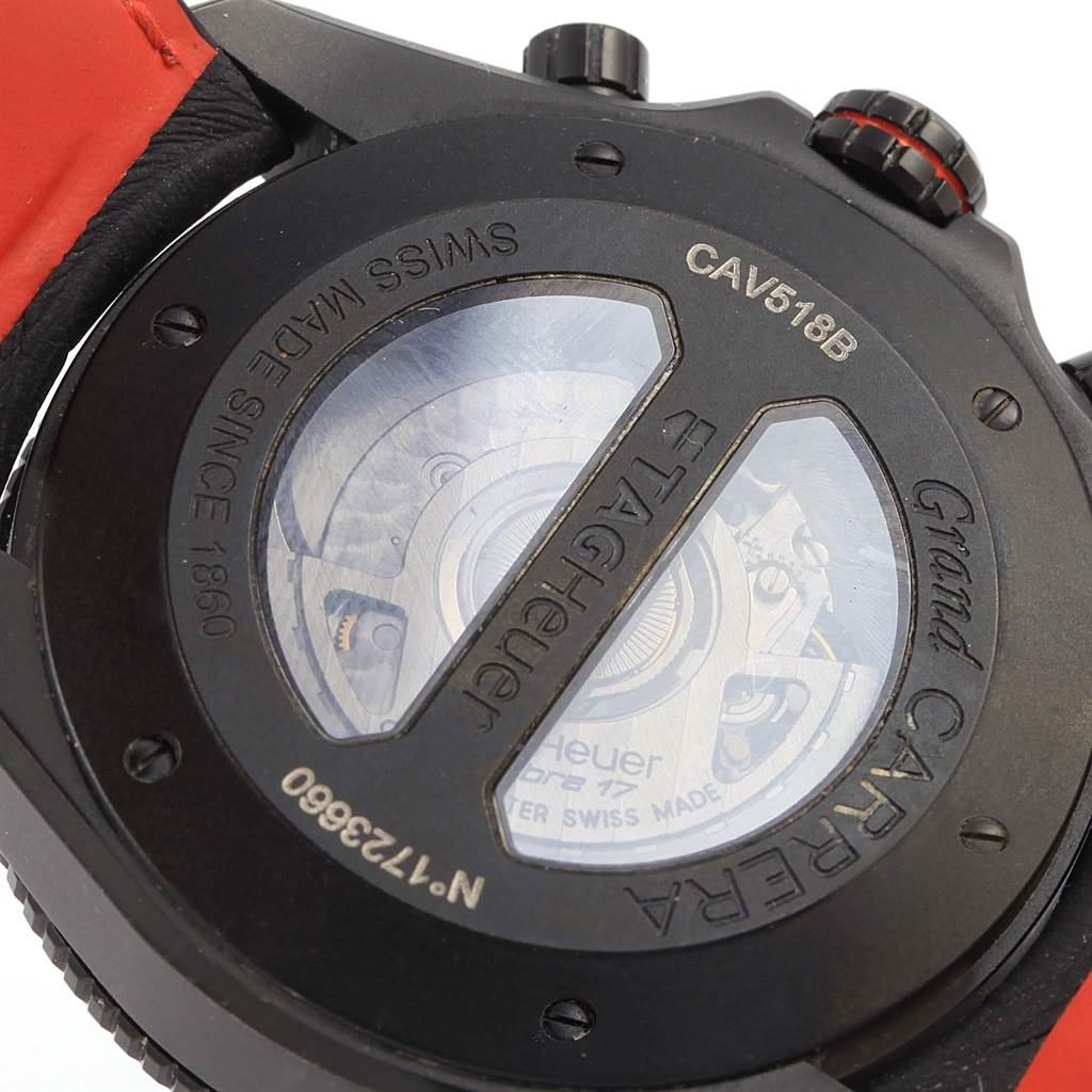 The image shows the back view of a Tag Heuer Carrera CAV518B.FT6016 Men's Stainless Steel Black Dial CAV518B.FT6016 Men's Stainless Steel Black Dial model watch, displaying its movement through a transparent case back.