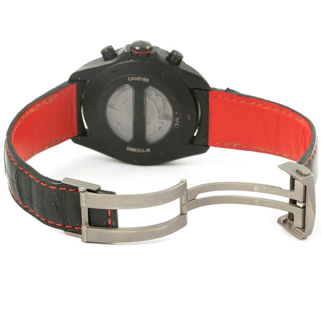 The image shows the back view of a Tag Heuer Carrera CAV518B.FT6016 Men's Stainless Steel Black Dial CAV518B.FT6016 Men's Stainless Steel Black Dial watch, highlighting the clasp, strap, and caseback.