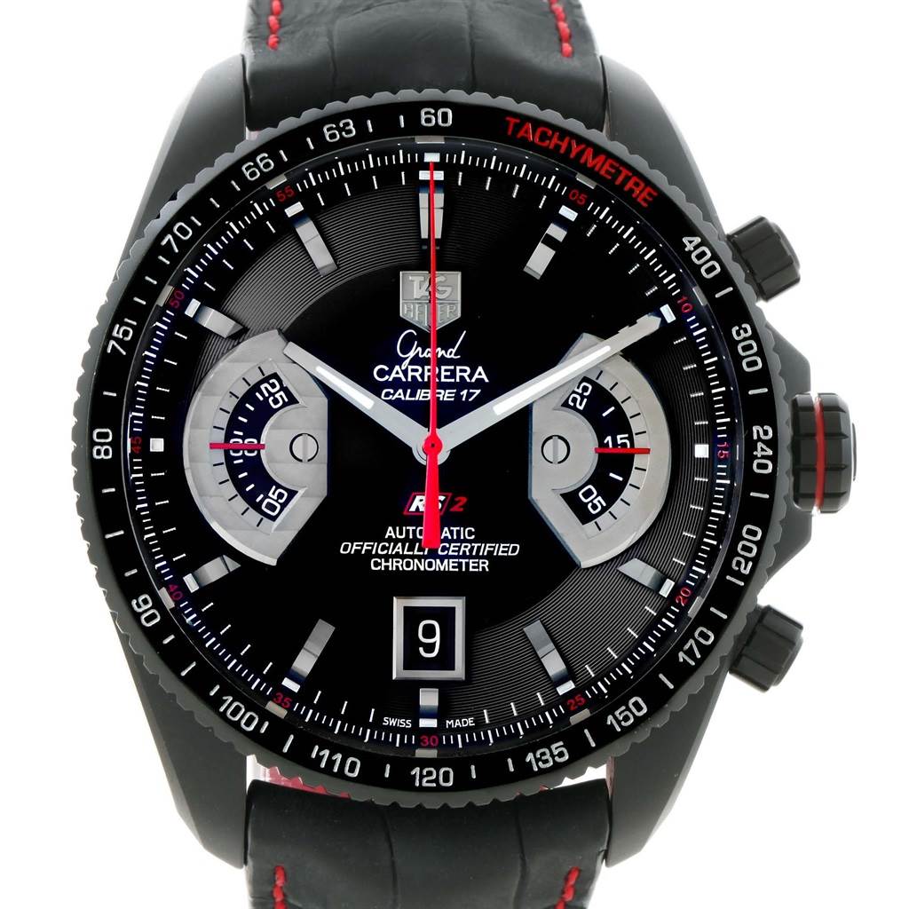 The image shows a front view of the Tag Heuer Carrera CAV518B.FT6016 Men's Stainless Steel Black Dial CAV518B.FT6016 Men's Stainless Steel Black Dial watch, highlighting its black dial, chronograph features, and tachymeter scale.