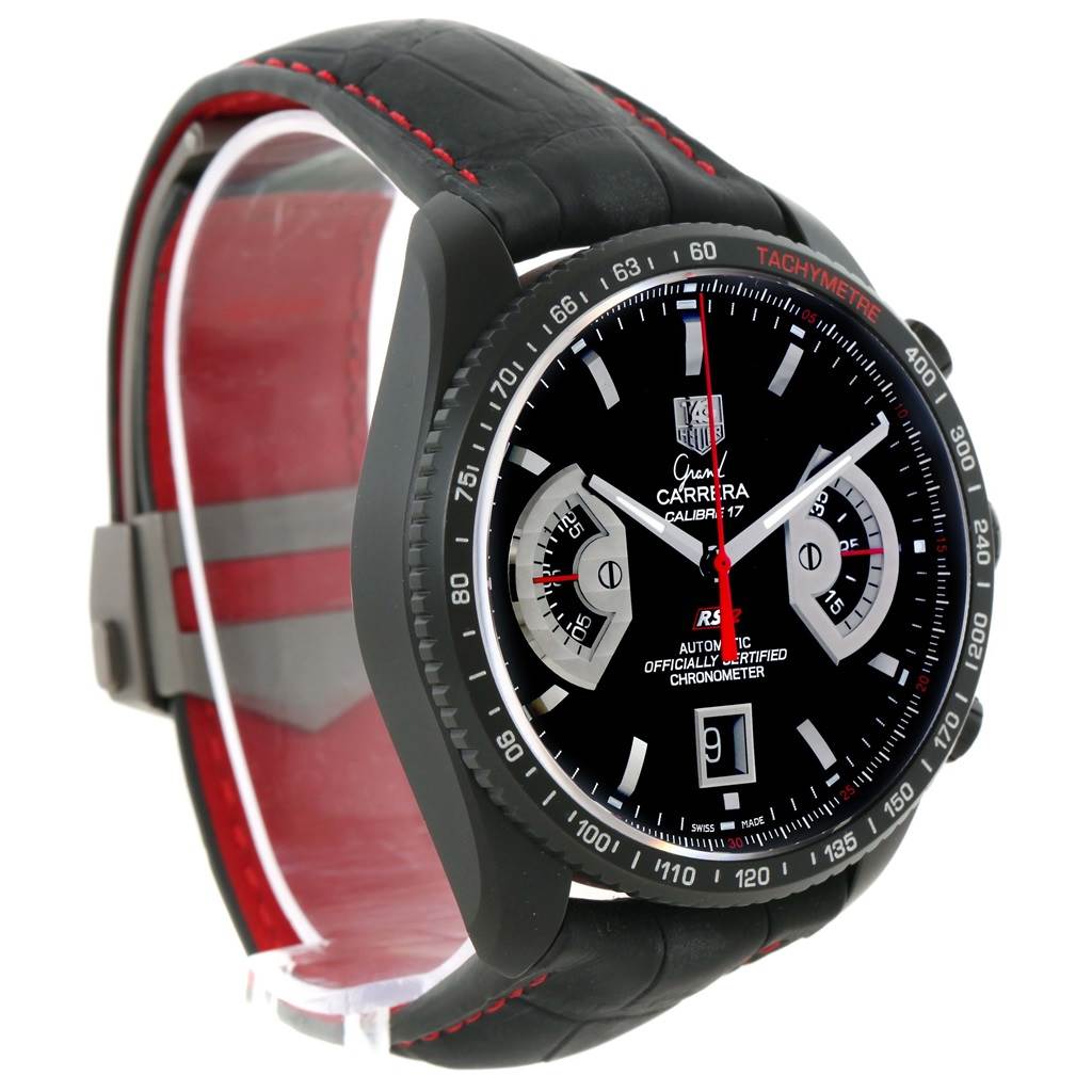 The image showcases a Tag Heuer Carrera CAV518B.FT6016 Men's Stainless Steel Black Dial CAV518B.FT6016 Men's Stainless Steel Black Dial model watch from a front-left angle, highlighting the dial, bezel, and strap.