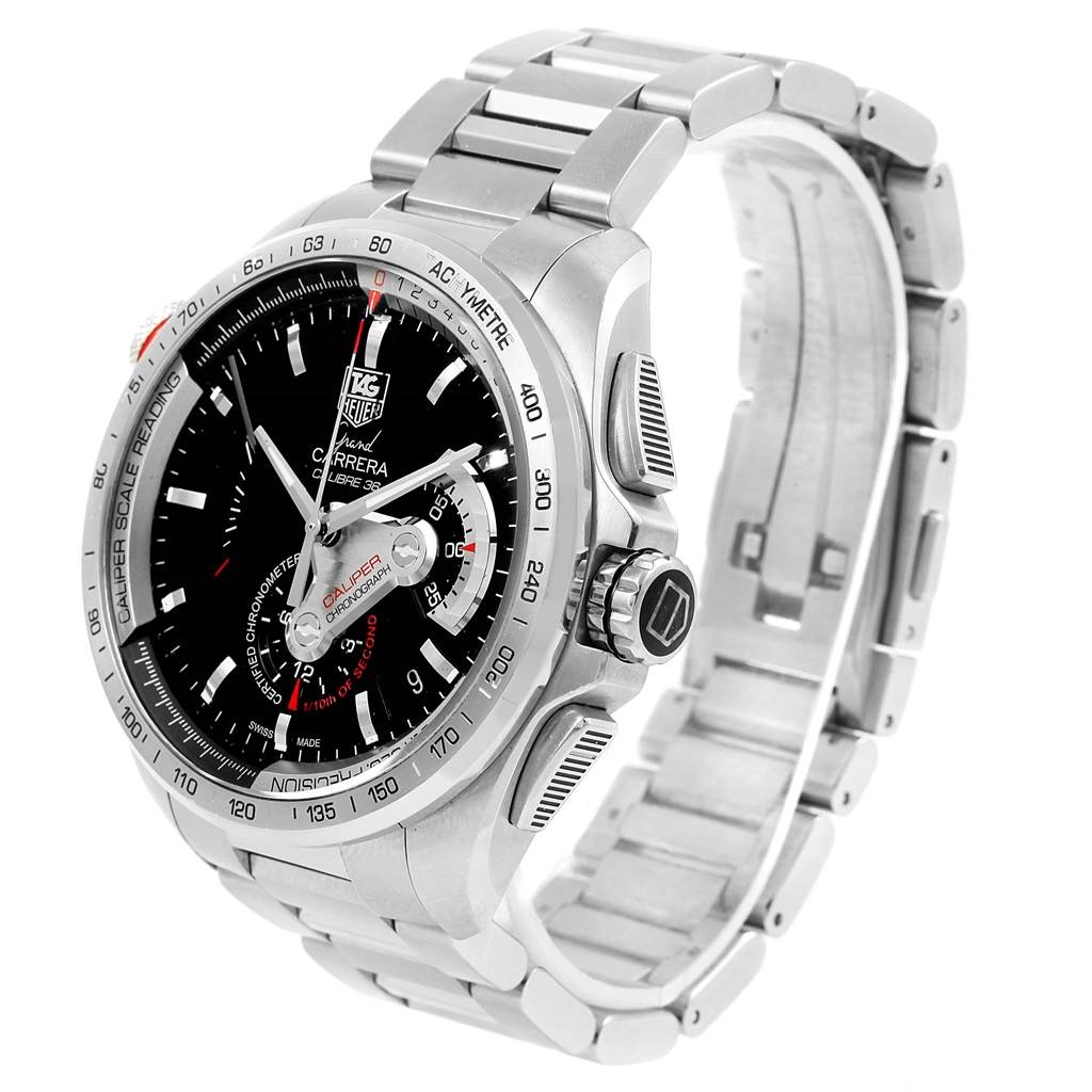 The Tag Heuer Carrera CAV5115 Men's Stainless Steel Black Dial CAV5115 Men's Stainless Steel Black Dial model is shown at an angle displaying the dial, bezel, crown, and metal bracelet.