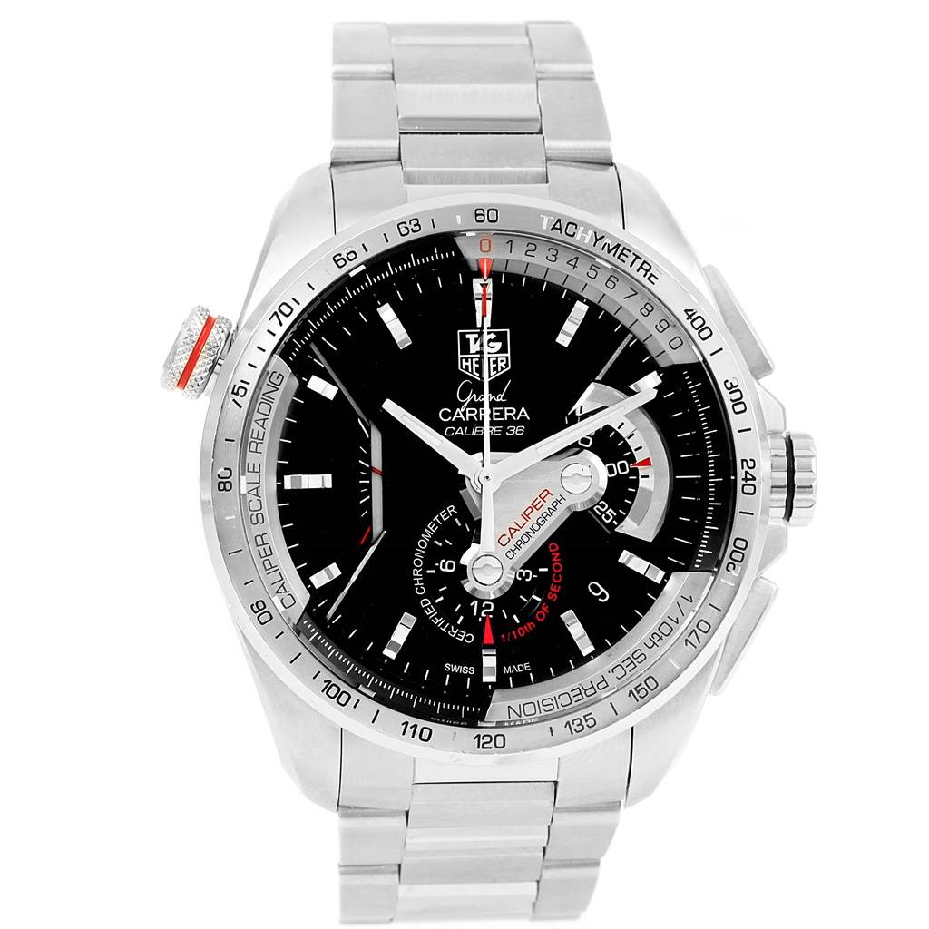 The image shows a front view of the Tag Heuer Carrera CAV5115 Men's Stainless Steel Black Dial CAV5115 Men's Stainless Steel Black Dial watch, highlighting its stainless steel bracelet, black dial, and tachymeter bezel.
