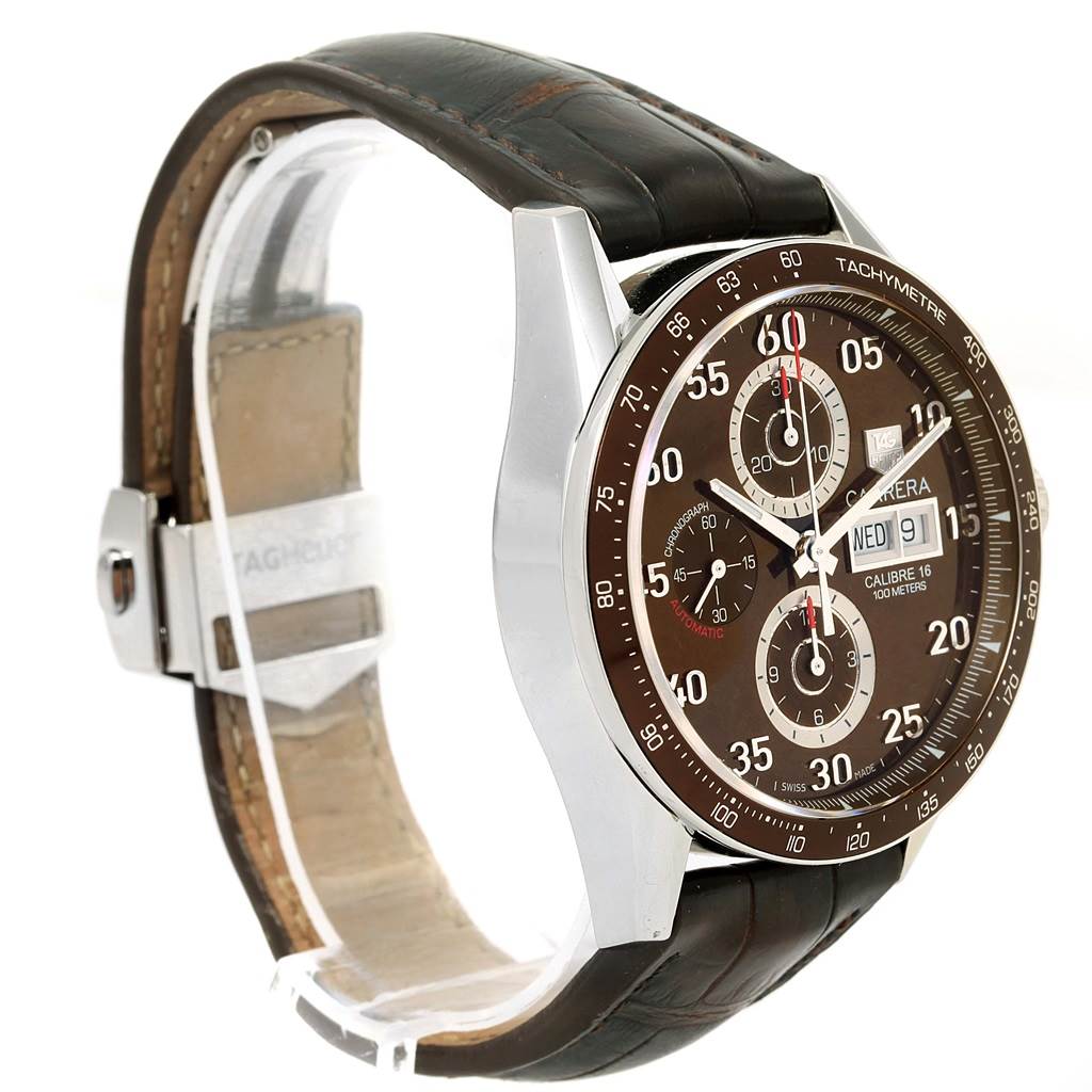 The Tag Heuer Carrera CV2A12.FC6236 Men's Stainless Steel Brown Dial CV2A12.FC6236 Men's Stainless Steel Brown Dial watch is shown from an angled side view, displaying its dial, strap, tachymeter, and buckle.