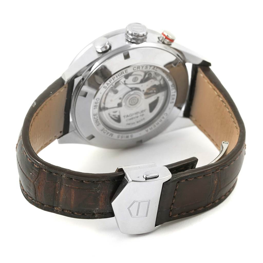 The photo shows the back view of a Tag Heuer Carrera CV2A12.FC6236 Men's Stainless Steel Brown Dial CV2A12.FC6236 Men's Stainless Steel Brown Dial watch, highlighting the clasp, leather strap, and transparent case back.