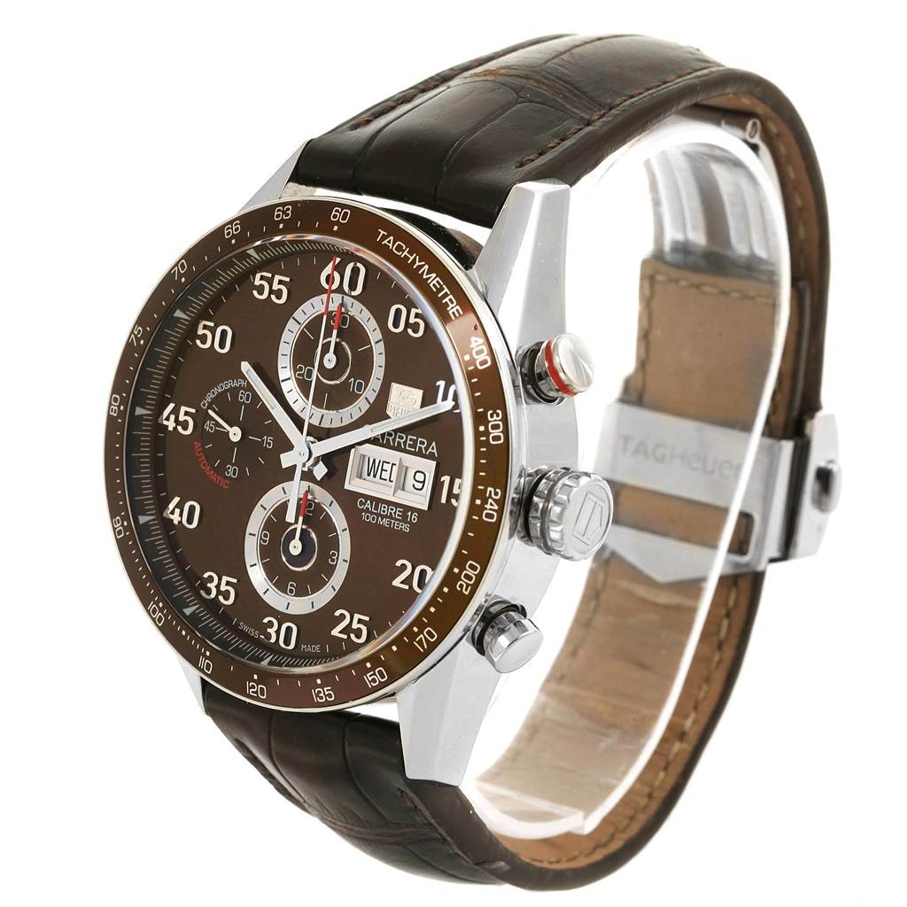 The image shows a side profile of a Tag Heuer Carrera CV2A12.FC6236 Men's Stainless Steel Brown Dial CV2A12.FC6236 Men's Stainless Steel Brown Dial watch, featuring its face, chronograph dials, and leather strap.