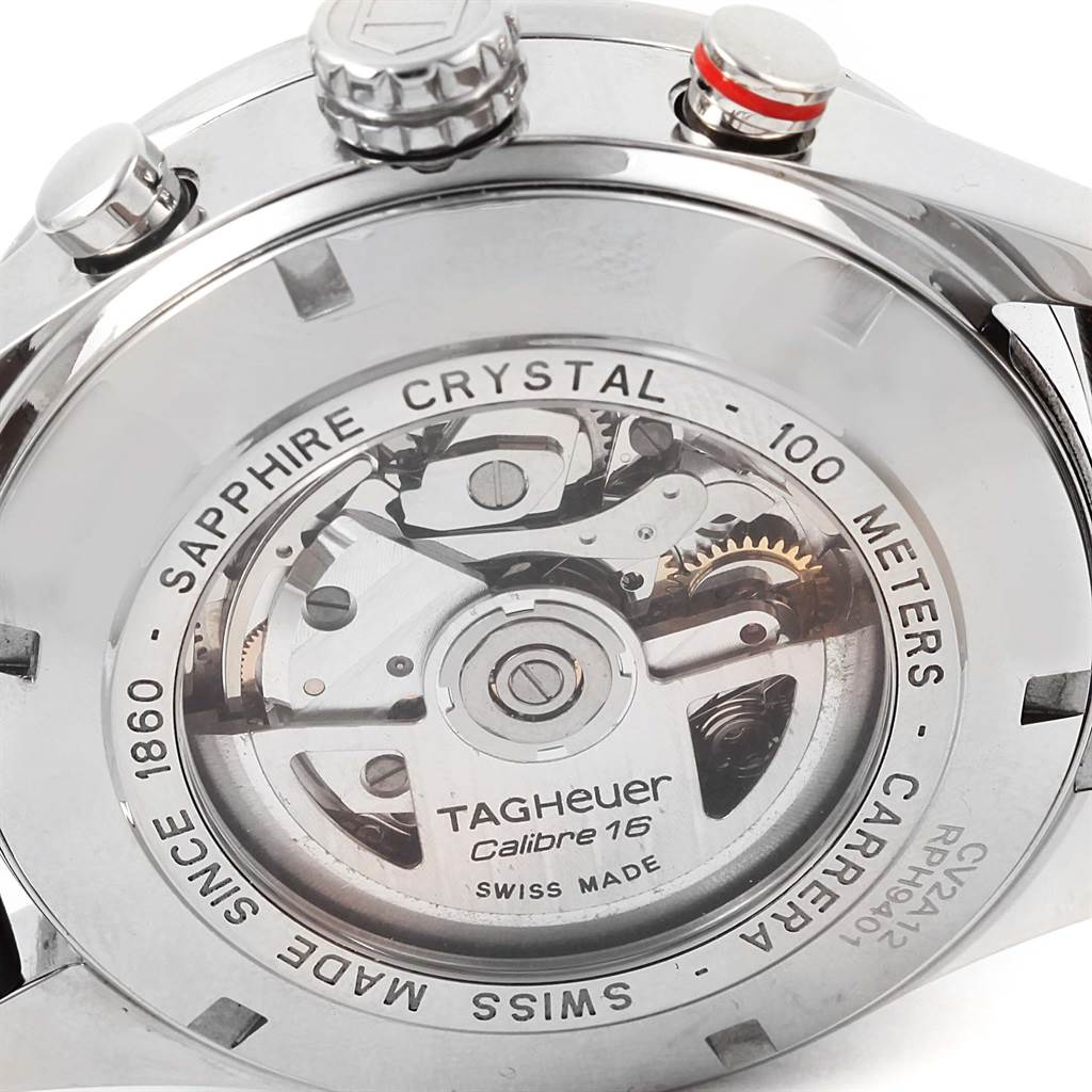 The image shows the back case of a Tag Heuer Carrera CV2A12.FC6236 Men's Stainless Steel Brown Dial CV2A12.FC6236 Men's Stainless Steel Brown Dial watch, displaying its inner mechanism and the branding details.