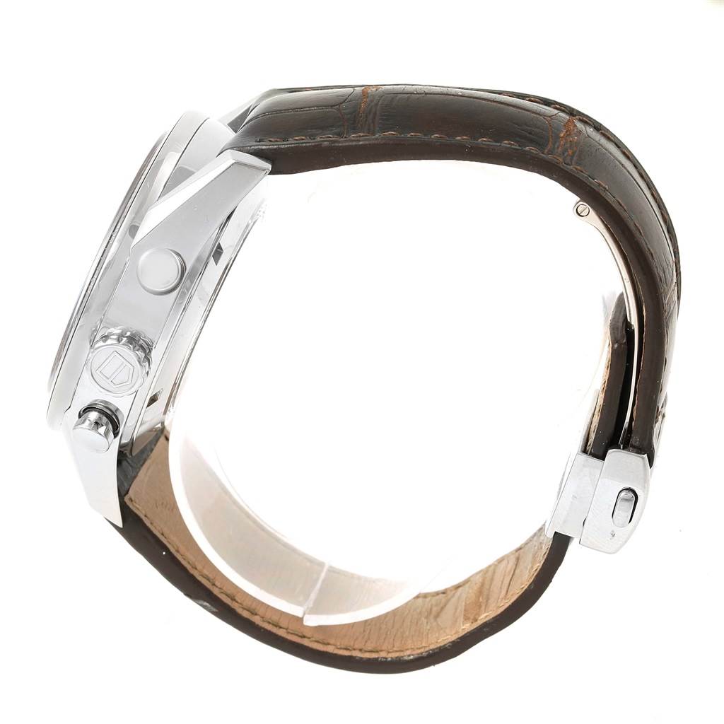 This image shows the side profile of a Tag Heuer Carrera CV2A12.FC6236 Men's Stainless Steel Brown Dial CV2A12.FC6236 Men's Stainless Steel Brown Dial watch, highlighting the case, crown, pushers, and leather strap.