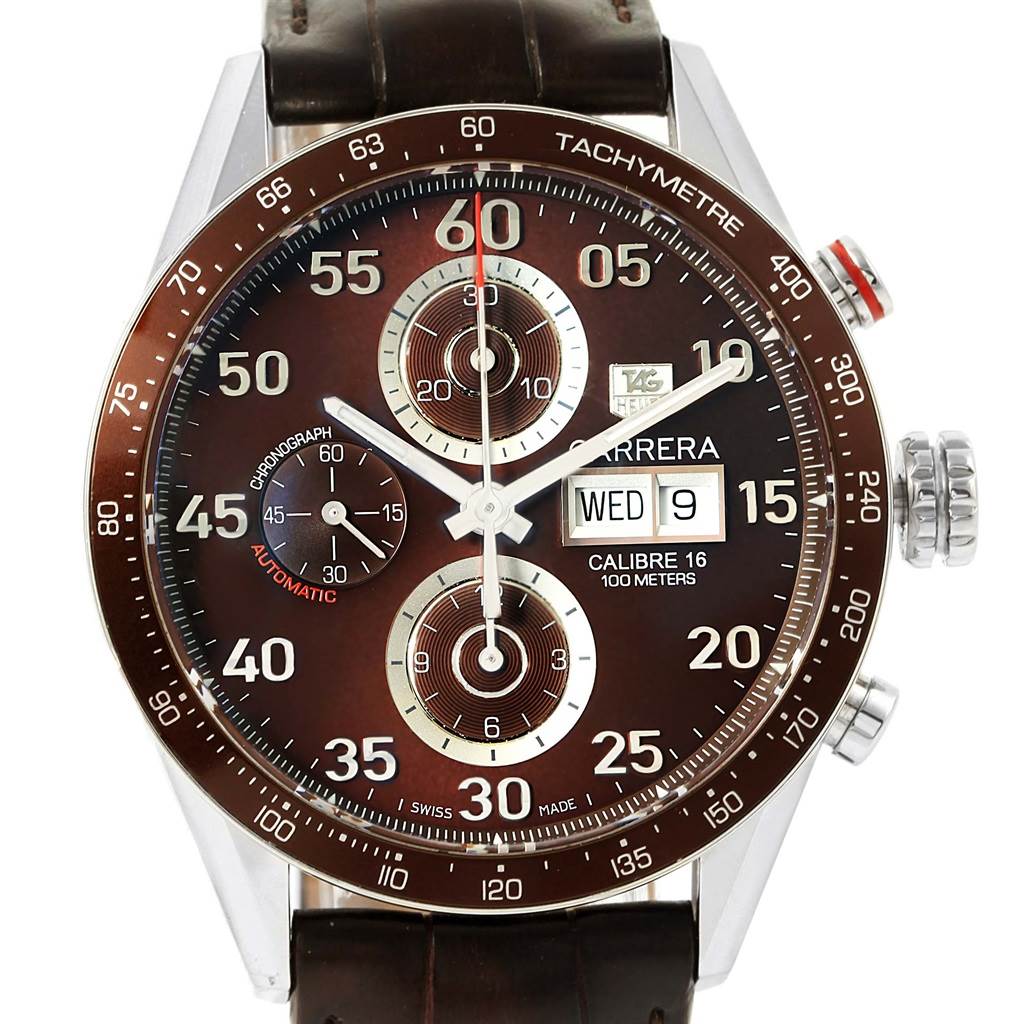 The image shows a front view of a Tag Heuer Carrera CV2A12.FC6236 Men's Stainless Steel Brown Dial CV2A12.FC6236 Men's Stainless Steel Brown Dial model wristwatch with a visible face, dials, date display, and tachymetre bezel.