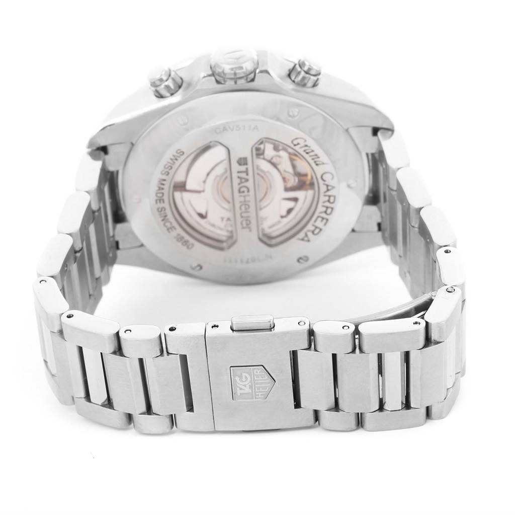 This image shows the back view of the Tag Heuer Carrera CAV511A Men's Stainless Steel Black Dial CAV511A Men's Stainless Steel Black Dial watch, highlighting the case back and the stainless steel bracelet.