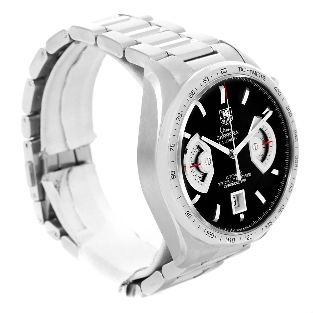 This image shows a side angle of the Tag Heuer Carrera CAV511A Men's Stainless Steel Black Dial CAV511A Men's Stainless Steel Black Dial watch, highlighting its face, tachymeter, and metal bracelet.