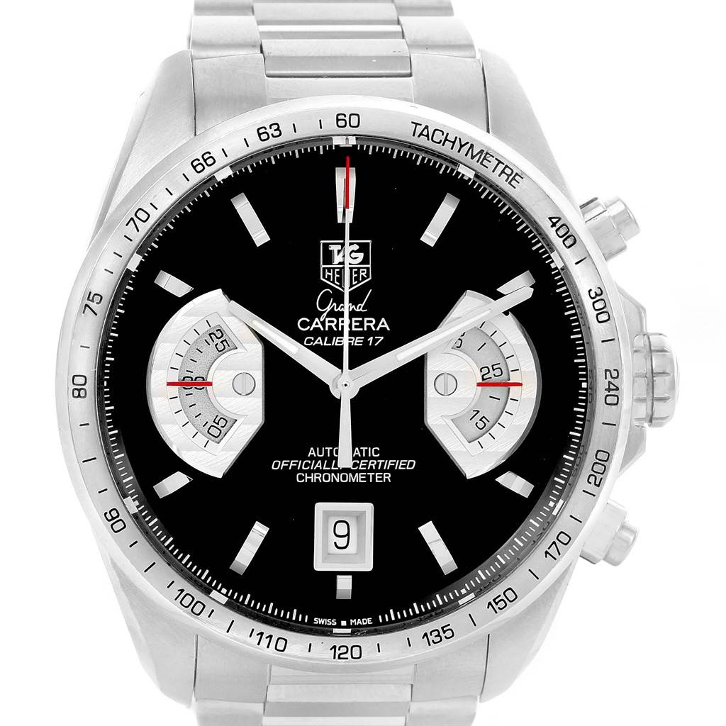 This Tag Heuer Carrera CAV511A Men's Stainless Steel Black Dial CAV511A Men's Stainless Steel Black Dial watch is shown from a front angle, highlighting its dial, sub-dials, tachymeter, and stainless steel bracelet.
