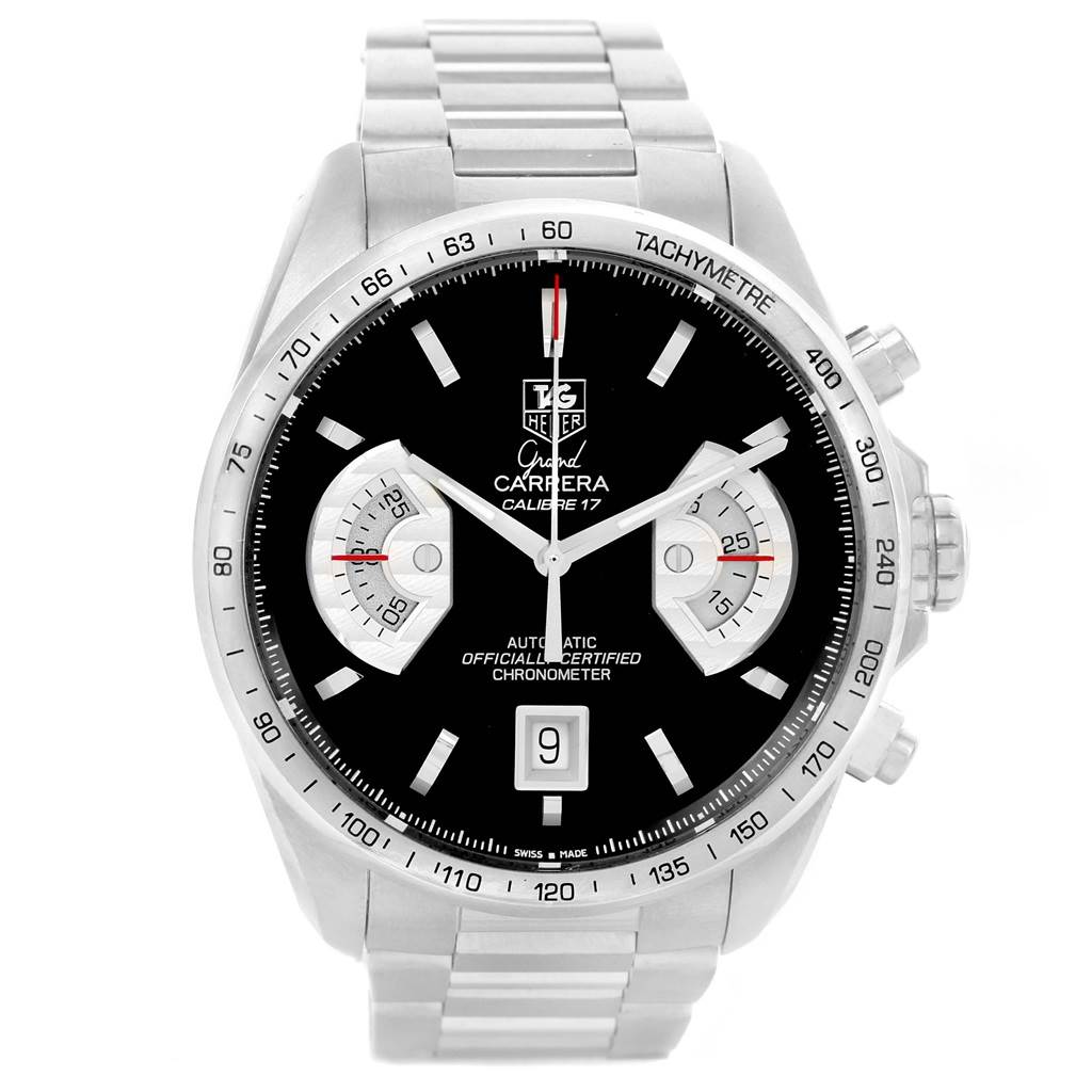 The image shows a frontal view of the Tag Heuer Carrera CAV511A Men's Stainless Steel Black Dial CAV511A Men's Stainless Steel Black Dial watch, displaying its face, bezel, and bracelet.
