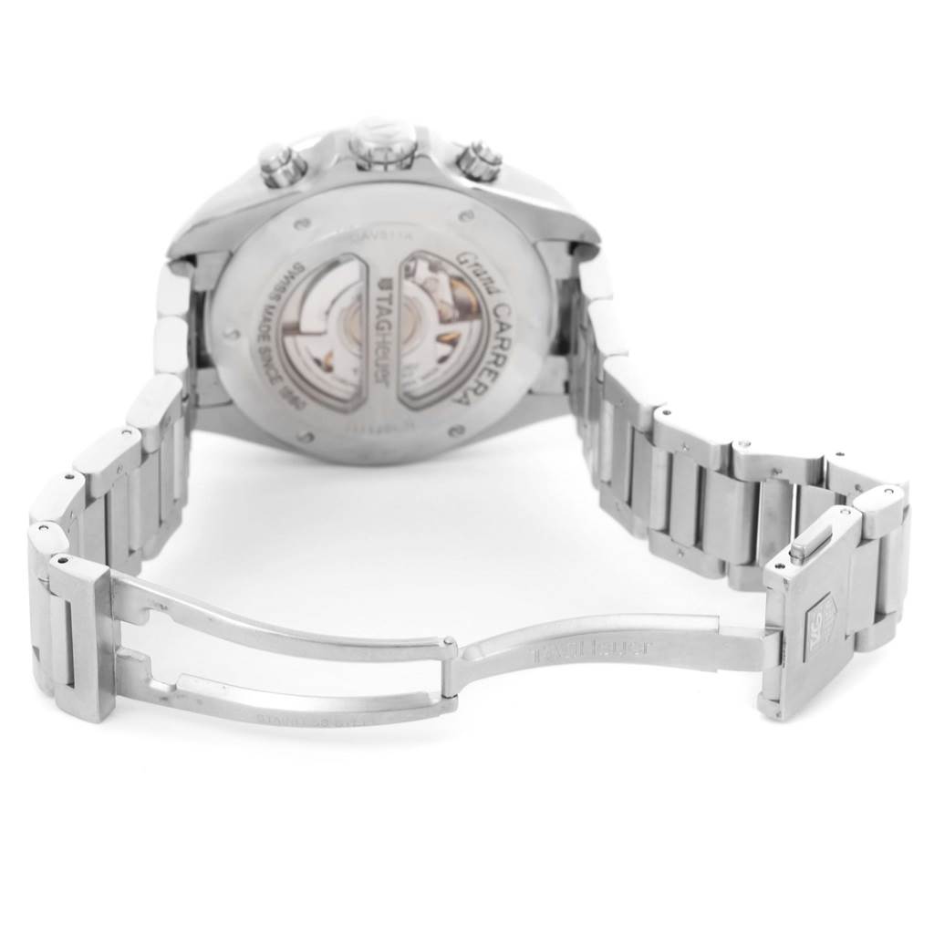 The image shows the back view of a Tag Heuer Carrera CAV511A Men's Stainless Steel Black Dial CAV511A Men's Stainless Steel Black Dial watch, focusing on the open deployment clasp and visible internal mechanism.