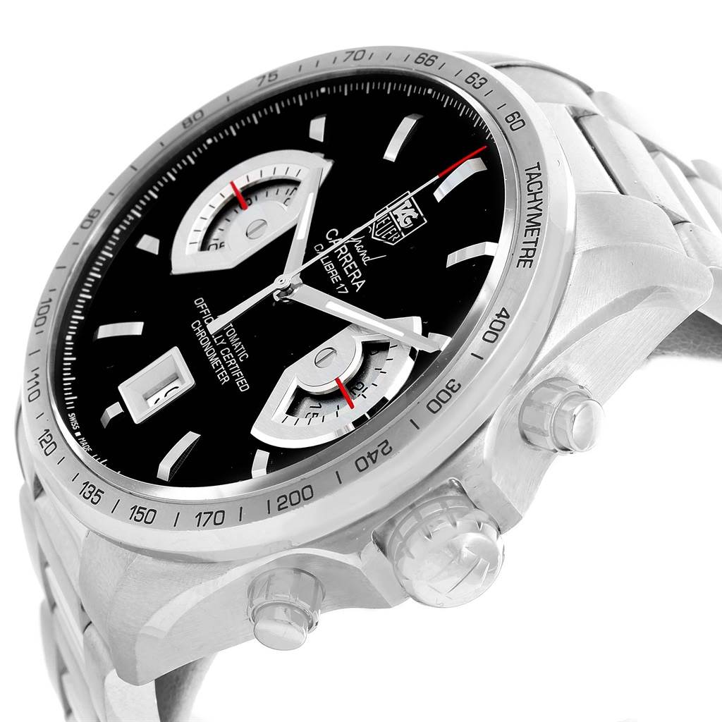 The image shows a side view of the Tag Heuer Carrera CAV511A Men's Stainless Steel Black Dial CAV511A Men's Stainless Steel Black Dial watch, highlighting its face, dials, and side buttons.