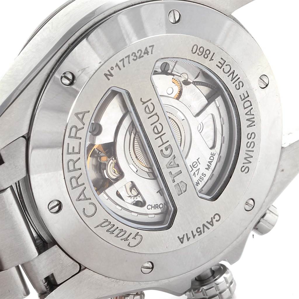 The image shows the back view of the Tag Heuer Carrera CAV511A Men's Stainless Steel Black Dial CAV511A Men's Stainless Steel Black Dial watch, highlighting its movement and internal mechanisms.
