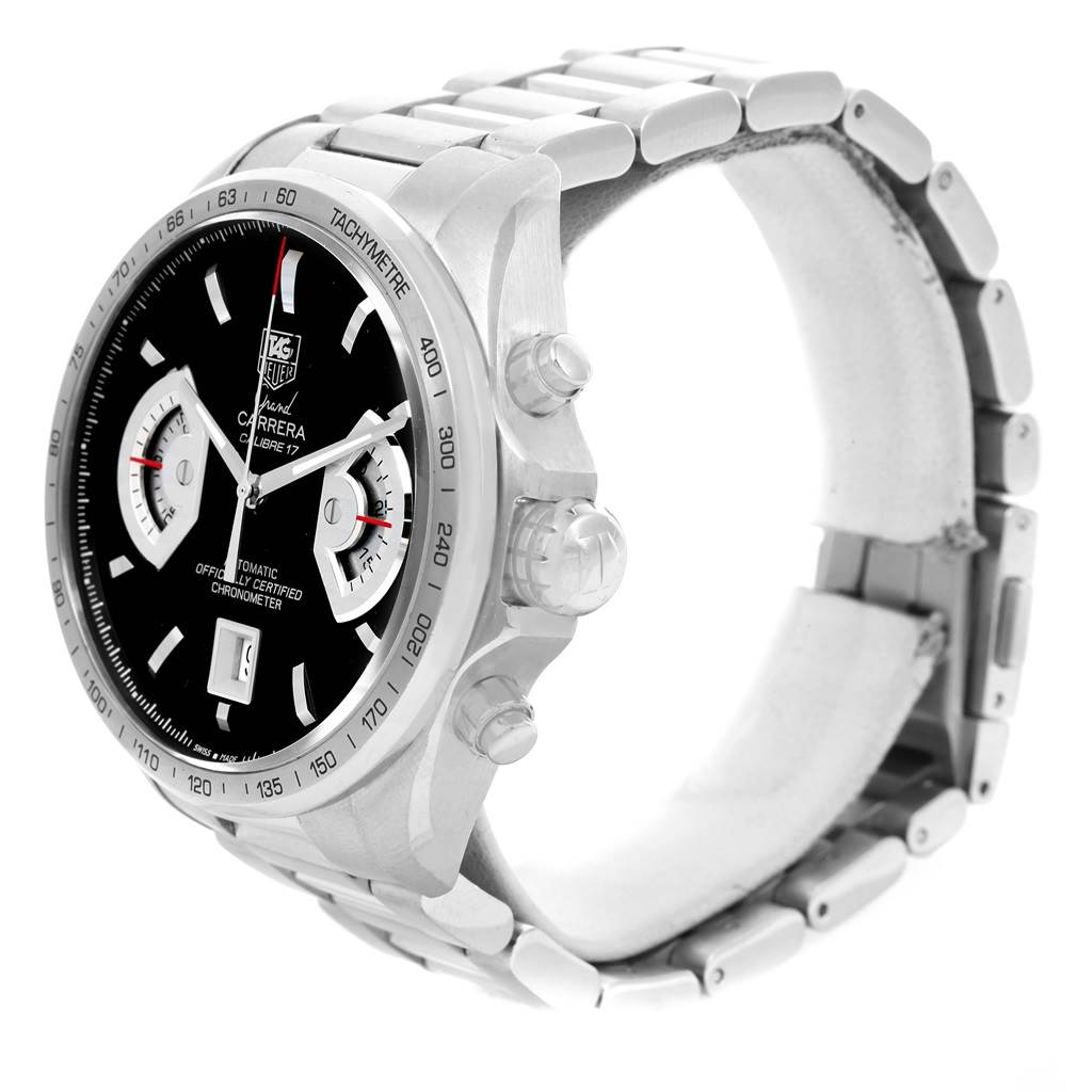 The image shows a side-angle view of a Tag Heuer Carrera CAV511A Men's Stainless Steel Black Dial CAV511A Men's Stainless Steel Black Dial watch, featuring its face, bezel, and metal strap.