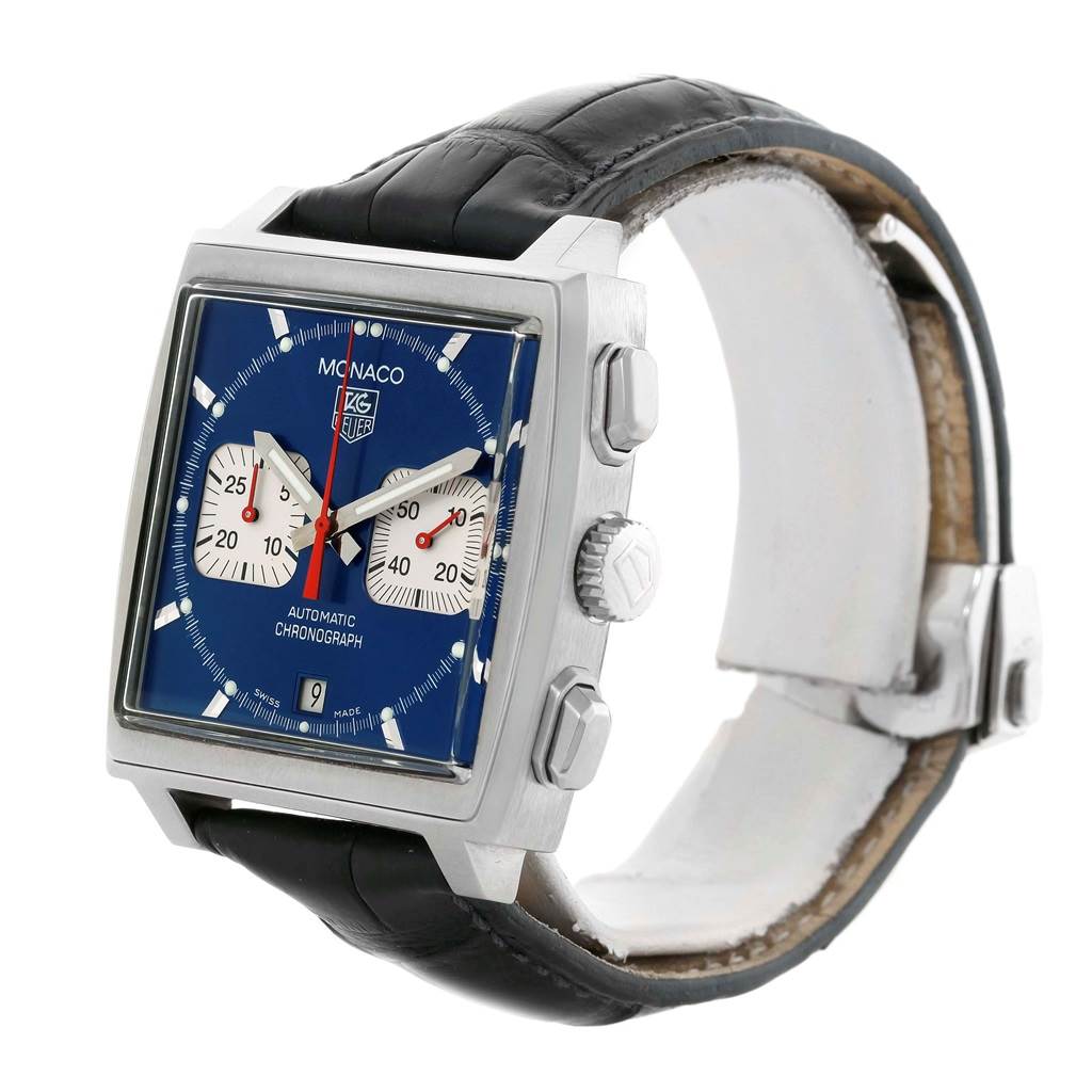 The Tag Heuer Monaco CW2113 Men
s Stainless Steel Blue Dial CW2113 Men
s Stainless Steel Blue Dial watch is shown at a slight angle, highlighting its square case, chronograph dials, crown, and push buttons.