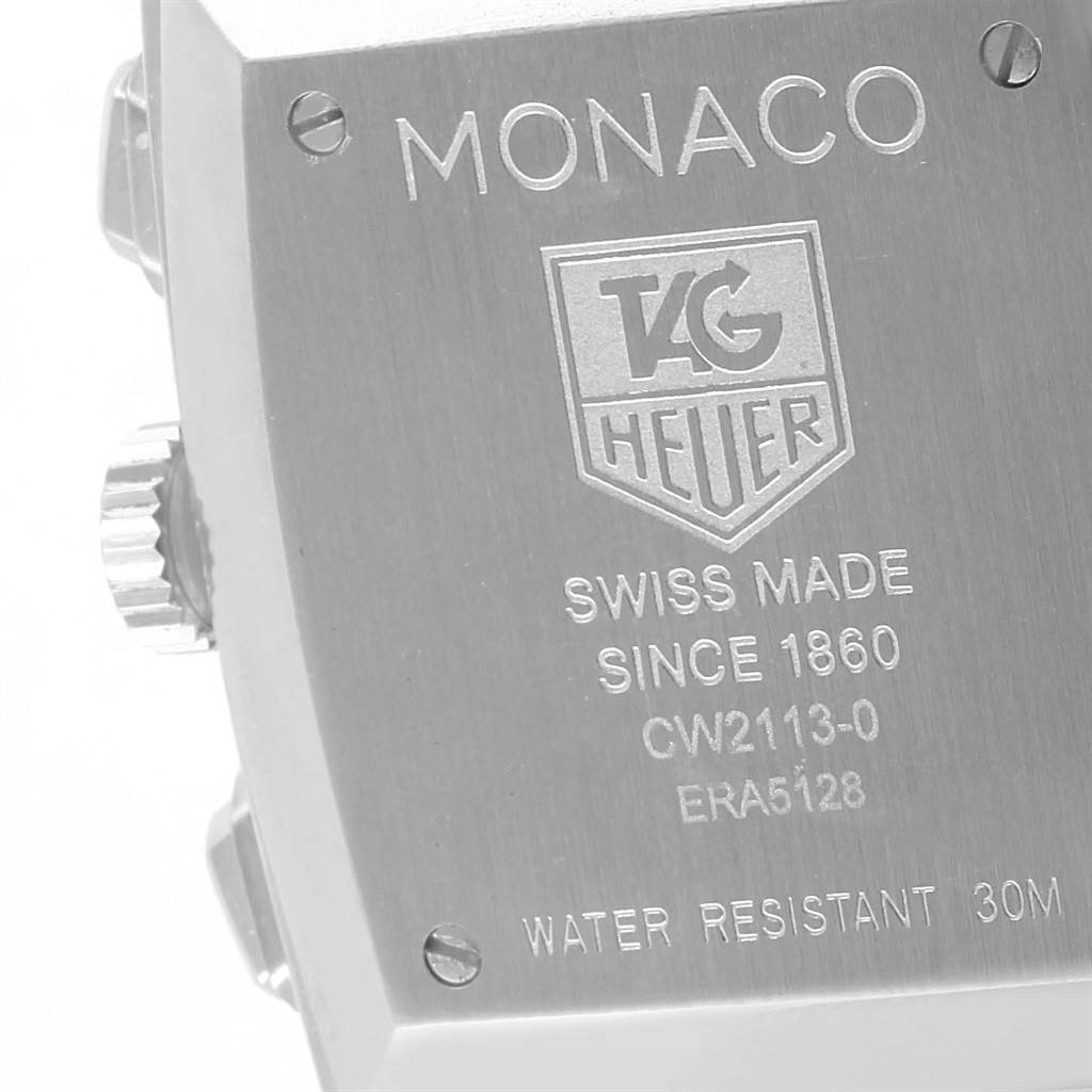 The image shows the back case of a Tag Heuer Monaco CW2113 Men
s Stainless Steel Blue Dial CW2113 Men
s Stainless Steel Blue Dial watch, with branding and specifications engraved.