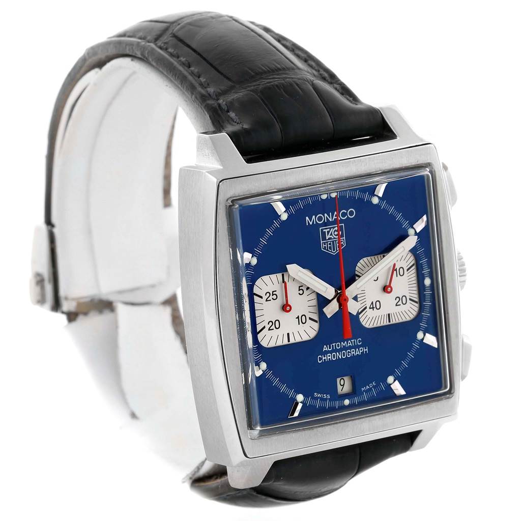 The image shows a Tag Heuer Monaco CW2113 Men
s Stainless Steel Blue Dial CW2113 Men
s Stainless Steel Blue Dial watch at a slight angle, highlighting its square face, blue dial, subdials, and black leather strap.