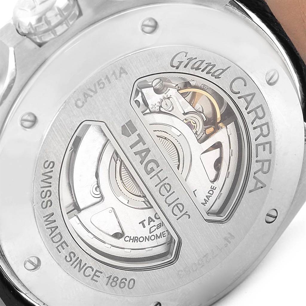 The image shows the back case of a Tag Heuer Carrera CAV511A.FC6225 Men's Stainless Steel Black Dial CAV511A.FC6225 Men's Stainless Steel Black Dial watch, displaying the visible movement mechanism and engraved details.