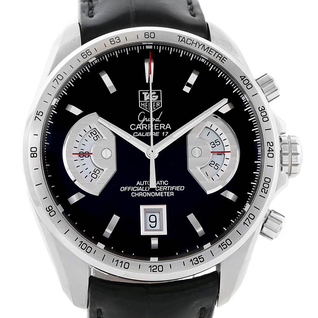 This is a close-up, frontal view of a Tag Heuer Carrera CAV511A.FC6225 Men's Stainless Steel Black Dial CAV511A.FC6225 Men's Stainless Steel Black Dial model watch, displaying its face, dials, and bezel details.