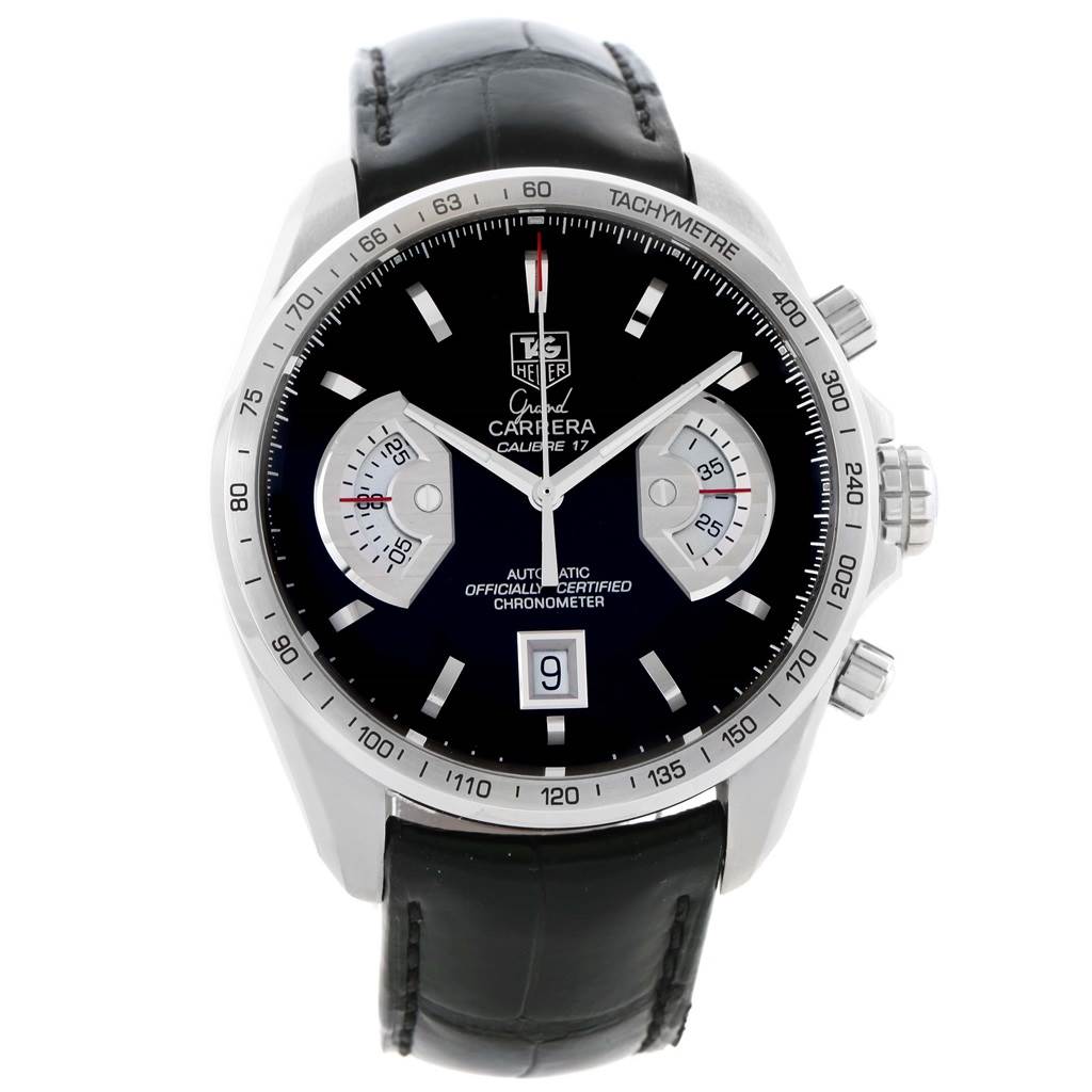 The image shows a front view of the Tag Heuer Carrera CAV511A.FC6225 Men's Stainless Steel Black Dial CAV511A.FC6225 Men's Stainless Steel Black Dial model watch, displaying its face, bezel, and leather strap.
