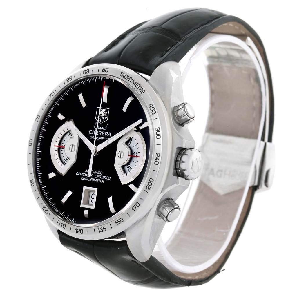The image shows a Tag Heuer Carrera CAV511A.FC6225 Men's Stainless Steel Black Dial CAV511A.FC6225 Men's Stainless Steel Black Dial watch at a slight angle showcasing its dial, bezel, crown, pushers, and leather strap.