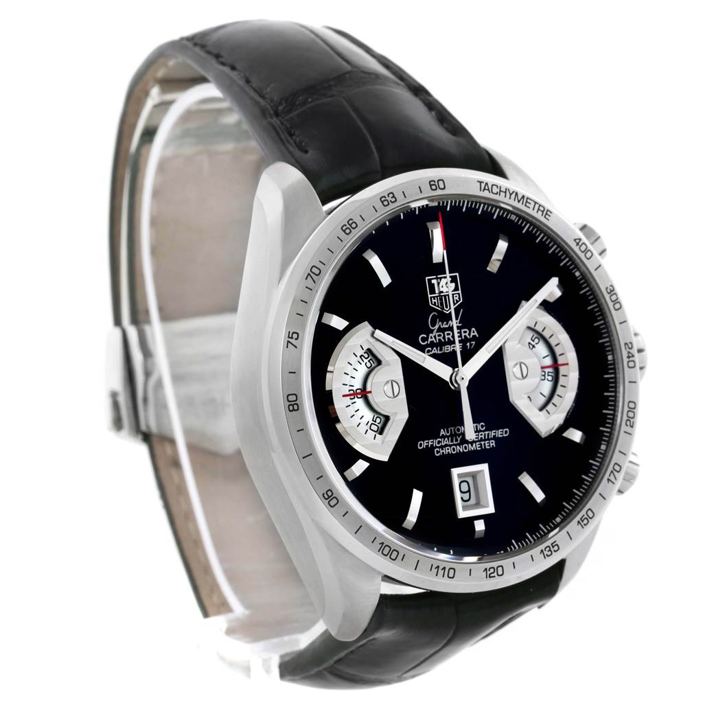 The image shows a Tag Heuer Carrera CAV511A.FC6225 Men's Stainless Steel Black Dial CAV511A.FC6225 Men's Stainless Steel Black Dial watch from a front-left angle, displaying the bezel, dial, subdials, and leather strap.