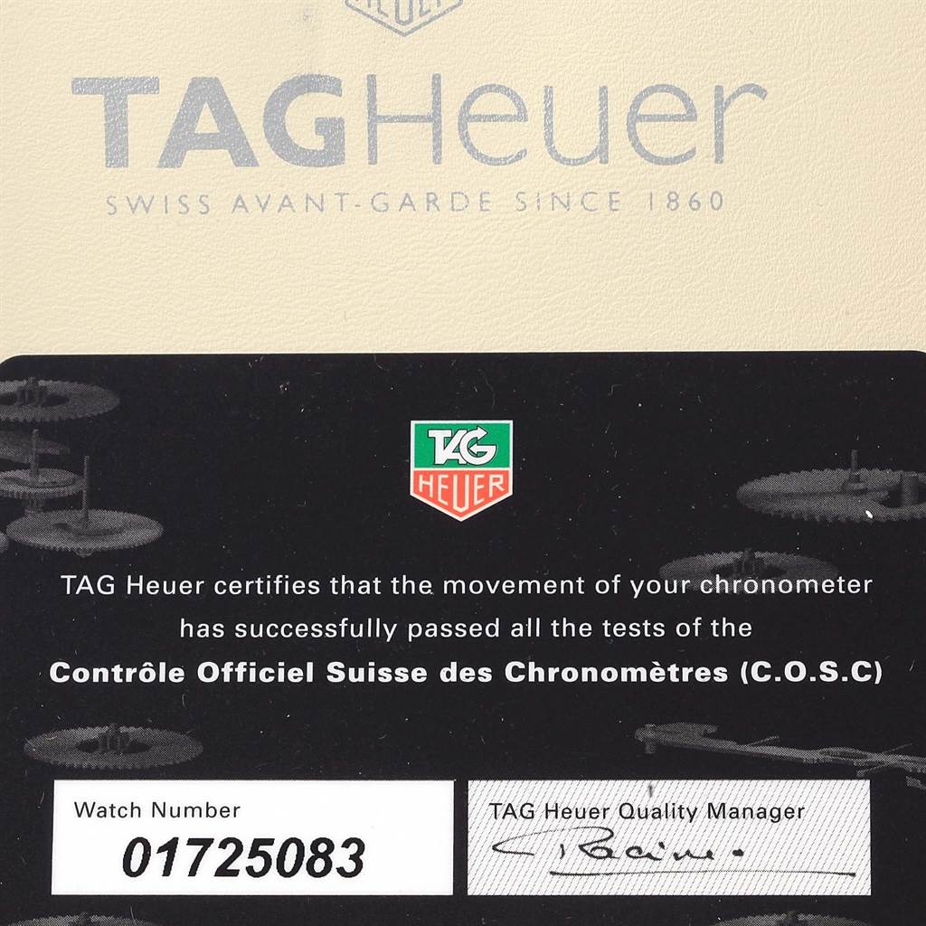 The image shows a Tag Heuer Carrera CAV511A.FC6225 Men's Stainless Steel Black Dial CAV511A.FC6225 Men's Stainless Steel Black Dial model certification card, with the brand logo and quality manager signature.