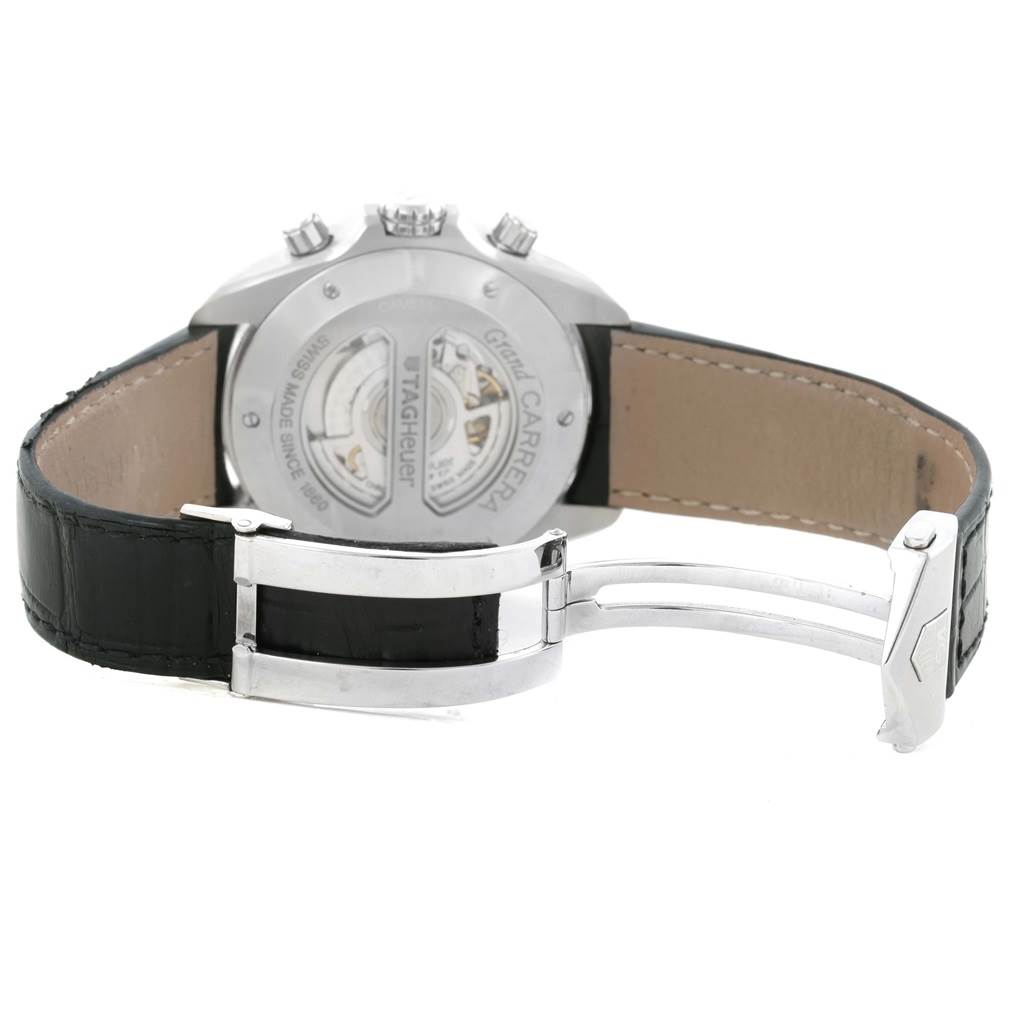 This image shows the back of a Tag Heuer Carrera CAV511A.FC6225 Men's Stainless Steel Black Dial CAV511A.FC6225 Men's Stainless Steel Black Dial watch, displaying its case back and black leather strap with a deployment clasp.