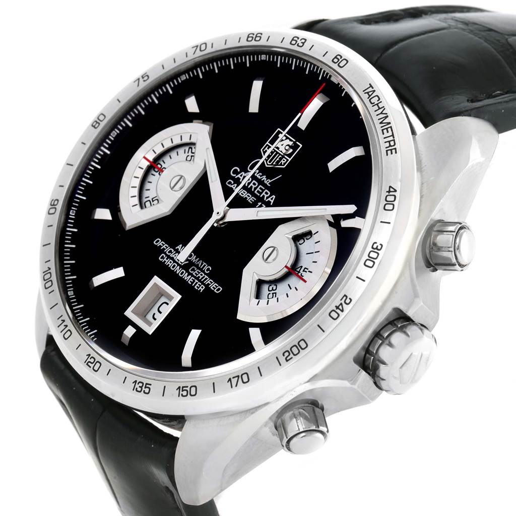 The image shows a close-up angle of the Tag Heuer Carrera CAV511A.FC6225 Men's Stainless Steel Black Dial CAV511A.FC6225 Men's Stainless Steel Black Dial watch, highlighting its black dial, chronograph sub-dials, and tachymeter.