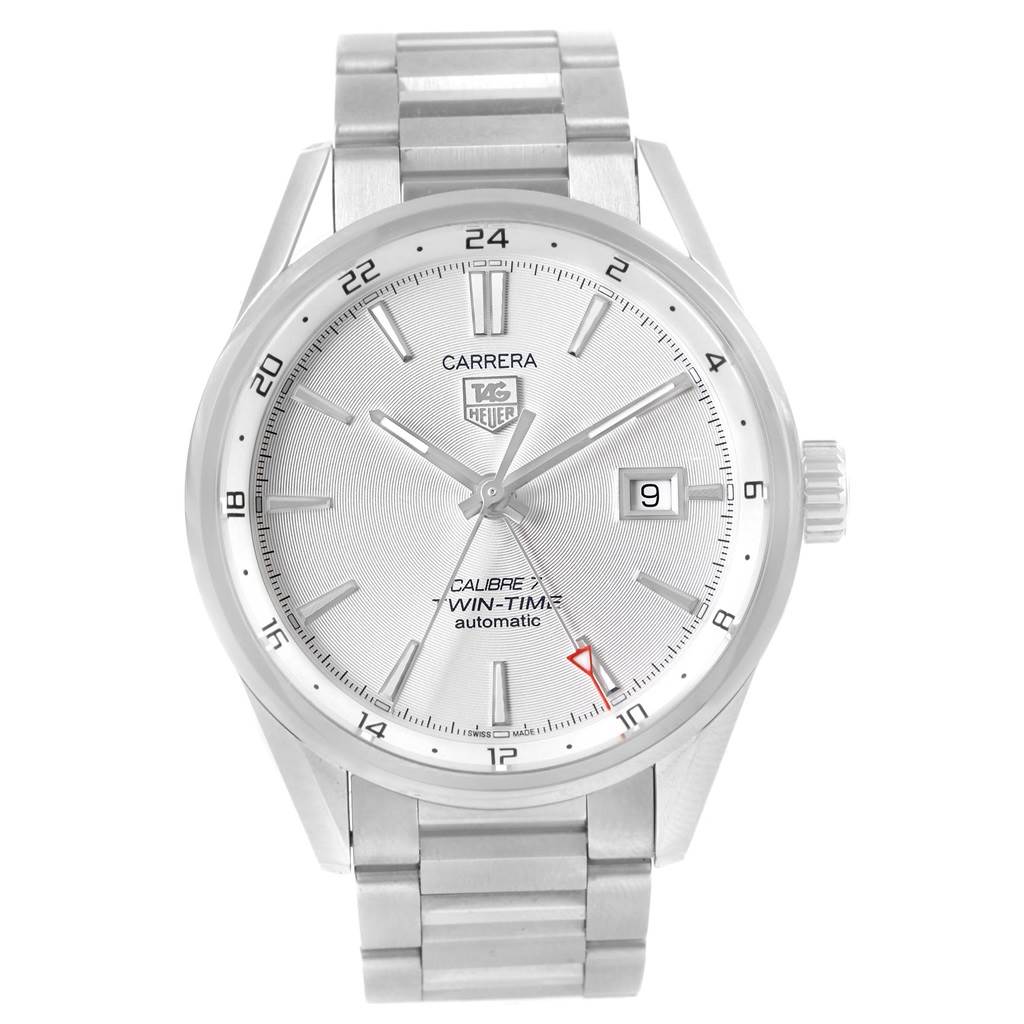 The image shows a front view of a Tag Heuer Carrera WAR2011.BA0723 Men's Stainless Steel Silver Dial WAR2011.BA0723 Men's Stainless Steel Silver Dial model watch, highlighting the dial, bezel, and metal bracelet.