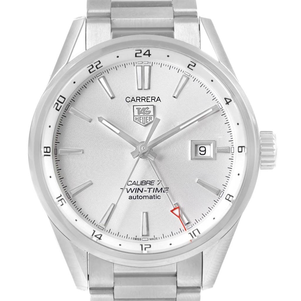 The image shows a frontal view of a silver Tag Heuer Carrera WAR2011.BA0723 Men's Stainless Steel Silver Dial WAR2011.BA0723 Men's Stainless Steel Silver Dial Calibre 7 Twin-Time automatic watch with a date display.