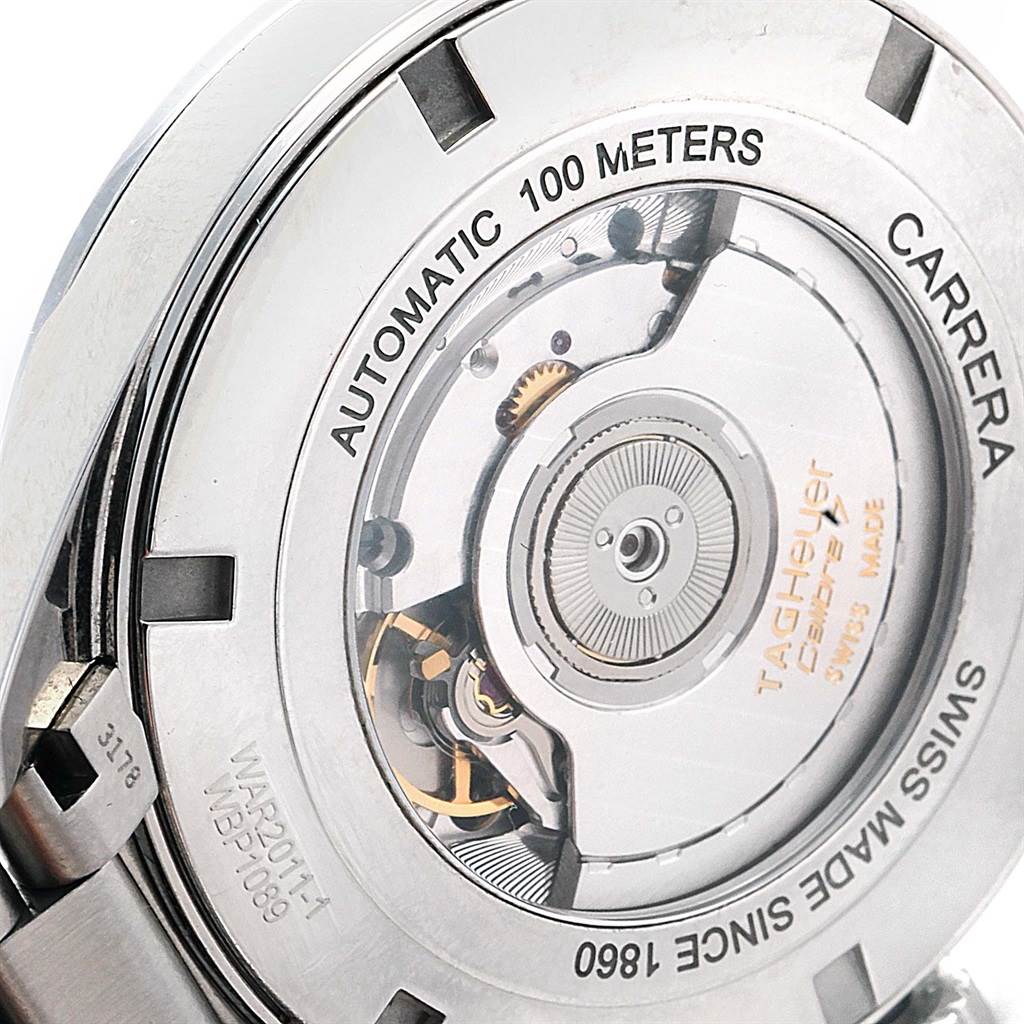 This image shows the back view of the Tag Heuer Carrera WAR2011.BA0723 Men's Stainless Steel Silver Dial WAR2011.BA0723 Men's Stainless Steel Silver Dial model, highlighting its automatic movement and water resistance.
