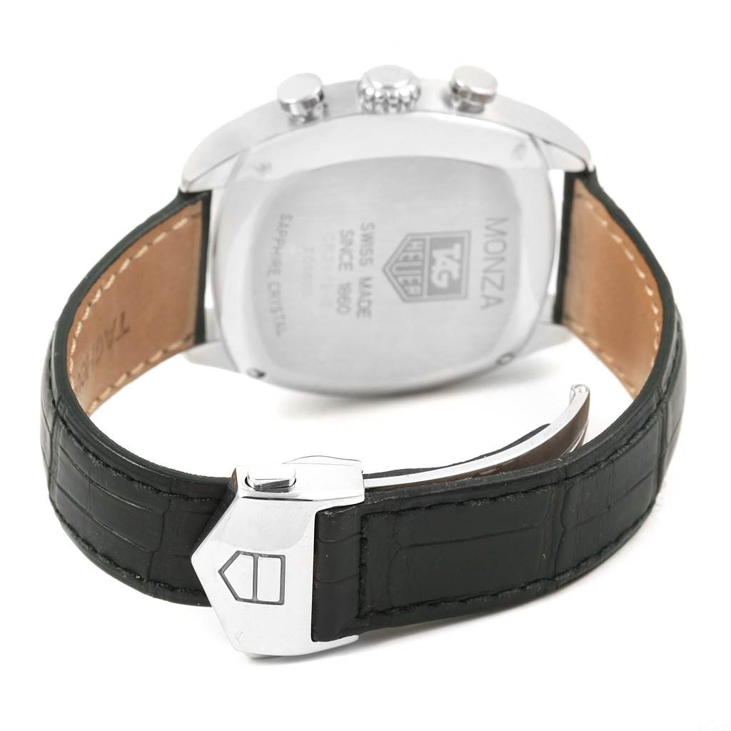 The image shows the back of the Tag Heuer Monza CR2113.FC6164 Men's Stainless Steel Black Dial CR2113.FC6164 Men's Stainless Steel Black Dial watch, highlighting the case back, buttons, and leather strap with clasp.