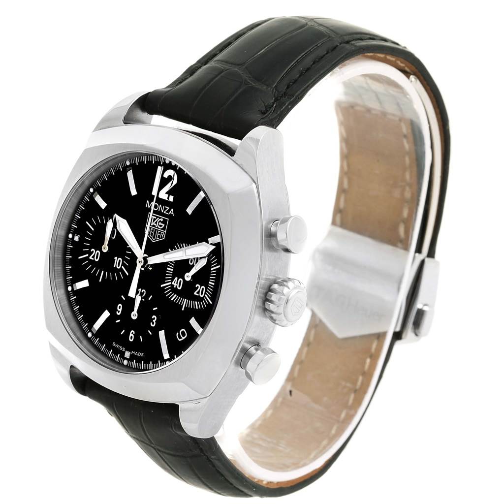 The Tag Heuer Monza CR2113.FC6164 Men's Stainless Steel Black Dial CR2113.FC6164 Men's Stainless Steel Black Dial watch is shown at a three-quarter angle, displaying its black dial, metal case, crown, pushers, and black leather strap.
