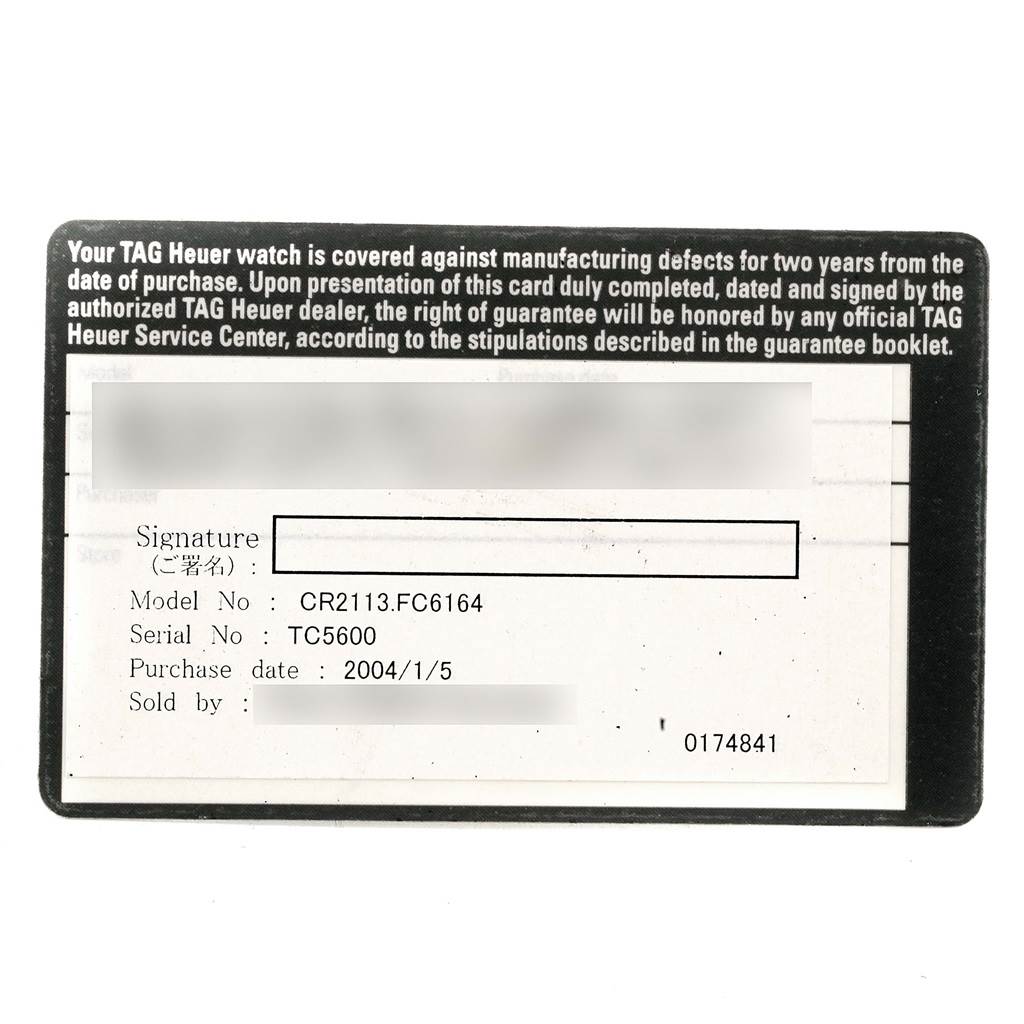 This image shows a warranty card for the Tag Heuer Monza CR2113.FC6164 Men's Stainless Steel Black Dial CR2113.FC6164 Men's Stainless Steel Black Dial watch model, providing details like model number, serial number, and purchase date.
