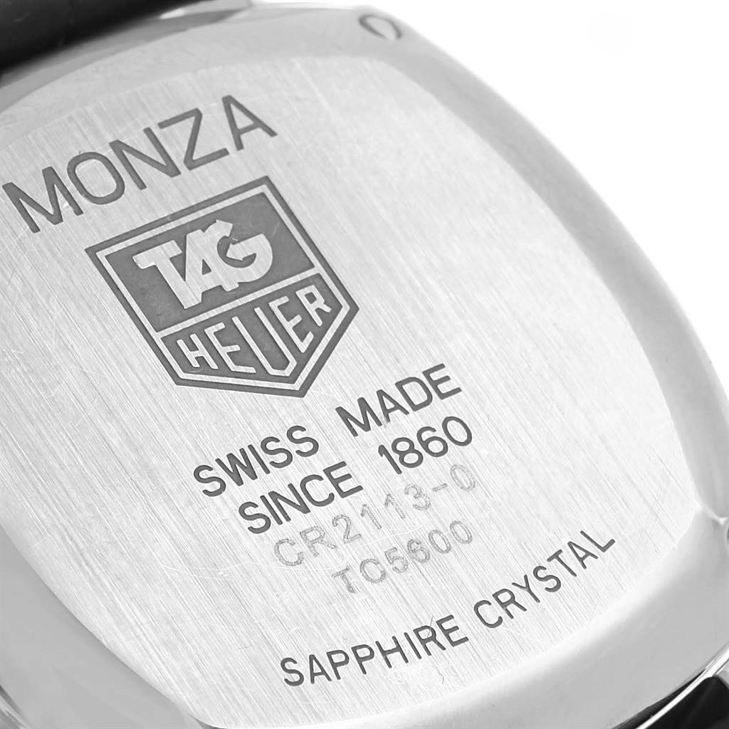 The image shows the back case of the Tag Heuer Monza CR2113.FC6164 Men's Stainless Steel Black Dial CR2113.FC6164 Men's Stainless Steel Black Dial watch, highlighting engravings.