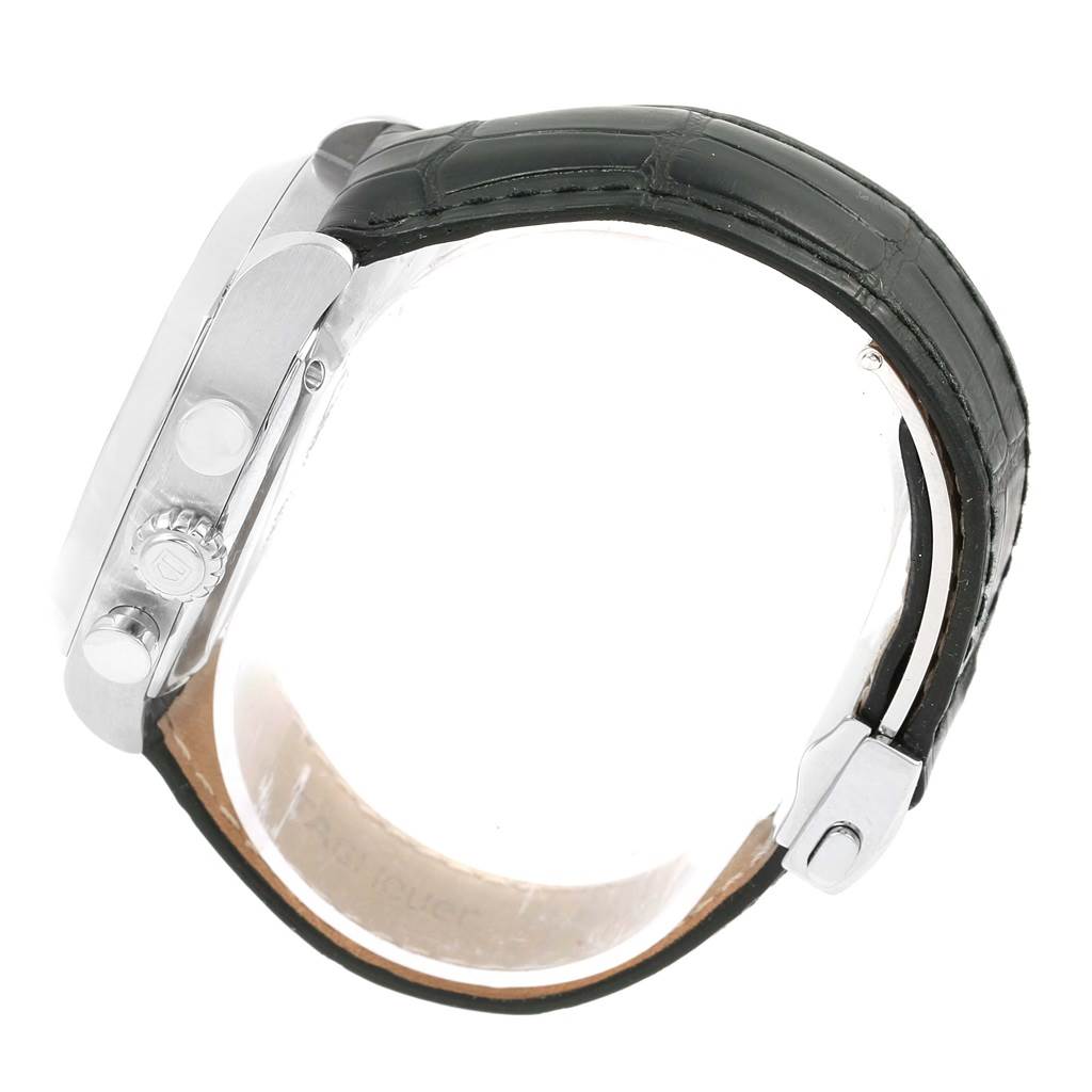 This image shows a side view of the Tag Heuer Monza CR2113.FC6164 Men's Stainless Steel Black Dial CR2113.FC6164 Men's Stainless Steel Black Dial watch, highlighting the crown, pushers, and black leather strap.