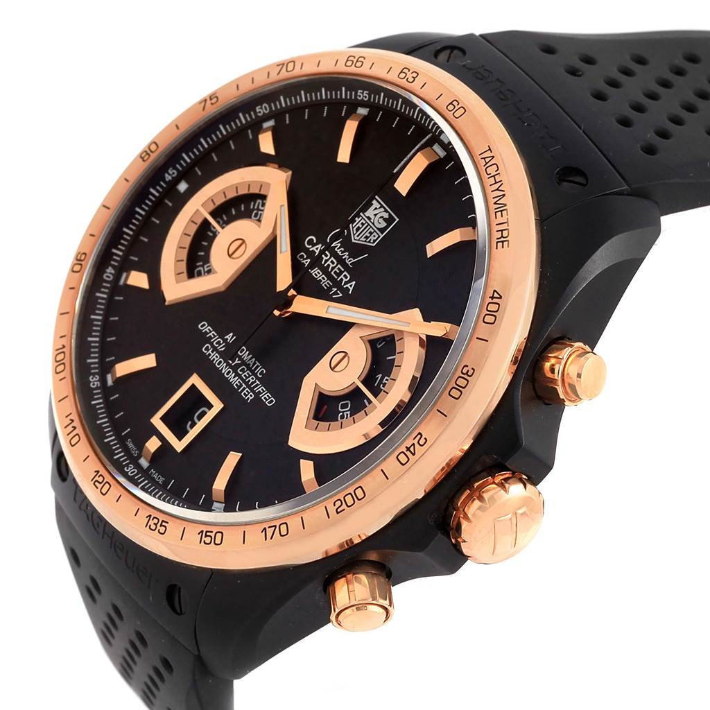 The image shows a Tag Heuer Carrera CAV518E.FT6016 Men's Rose Gold Black Dial CAV518E.FT6016 Men's Rose Gold Black Dial watch, viewed at a slight angle, highlighting its rose gold accents and black rubber strap.