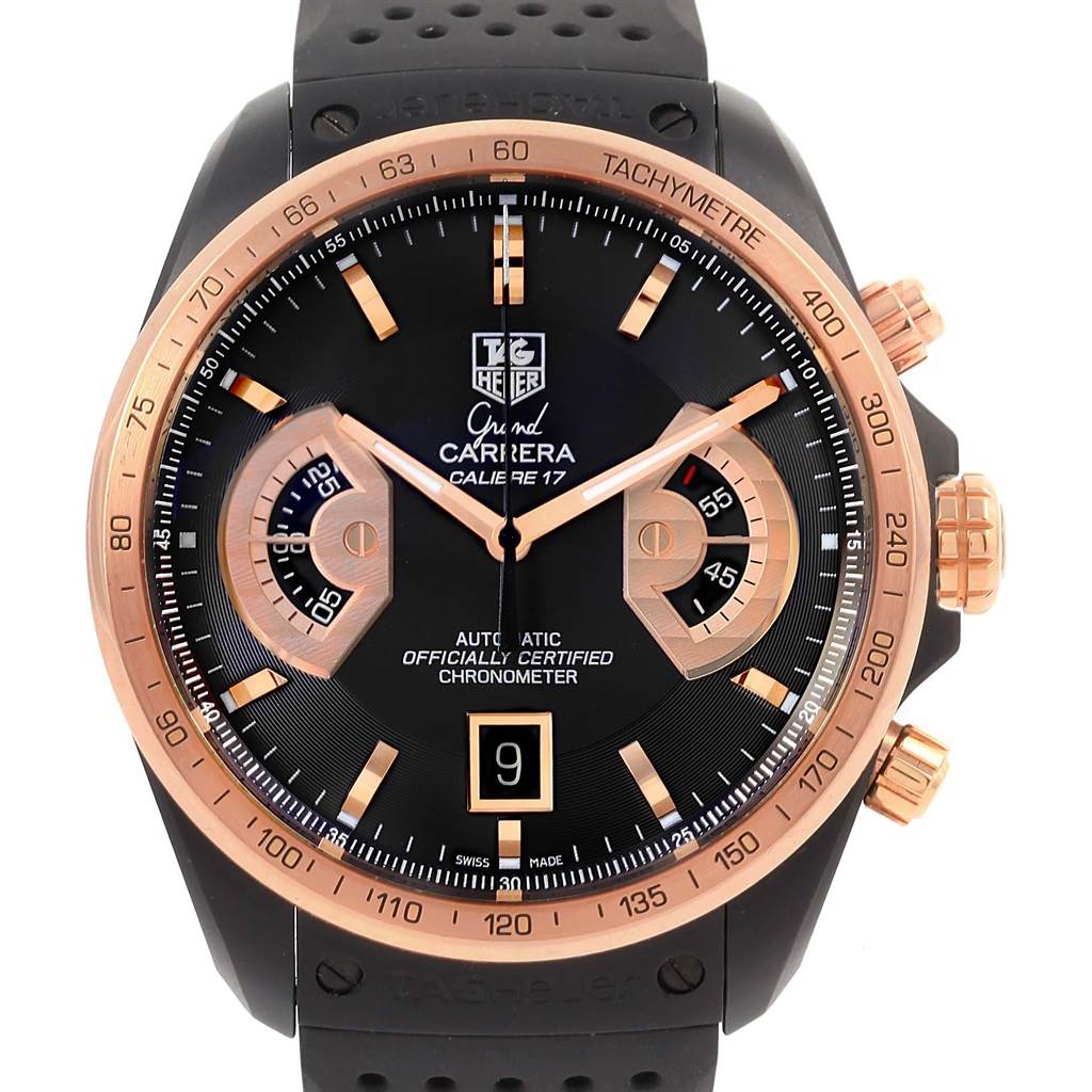The image shows a front view of the Tag Heuer Carrera CAV518E.FT6016 Men's Rose Gold Black Dial CAV518E.FT6016 Men's Rose Gold Black Dial watch, highlighting its dial, hands, sub-dials, date display, and bezel.