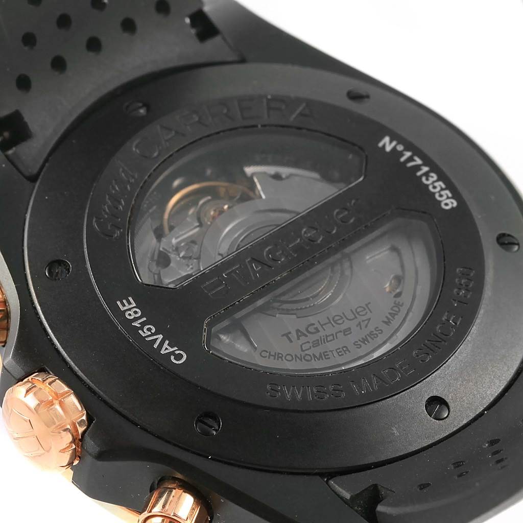 The image shows the back of the Tag Heuer Carrera CAV518E.FT6016 Men's Rose Gold Black Dial CAV518E.FT6016 Men's Rose Gold Black Dial watch, highlighting the movement and inscriptions on the case.