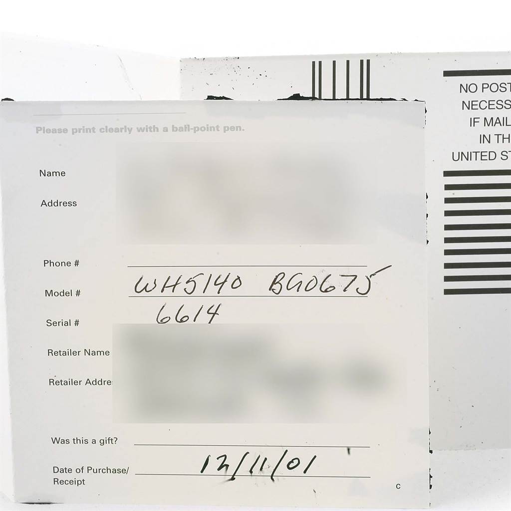The image shows a filled-out registration card for a Carrera model by Tag Heuer, capturing written details like model numbers and purchase date.