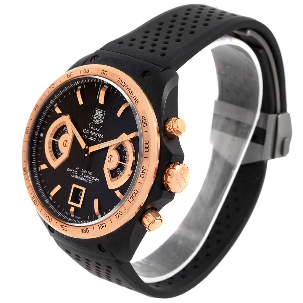 This image shows a Carrera model by Tag Heuer at a three-quarters angle, highlighting its face, bezel, and strap.