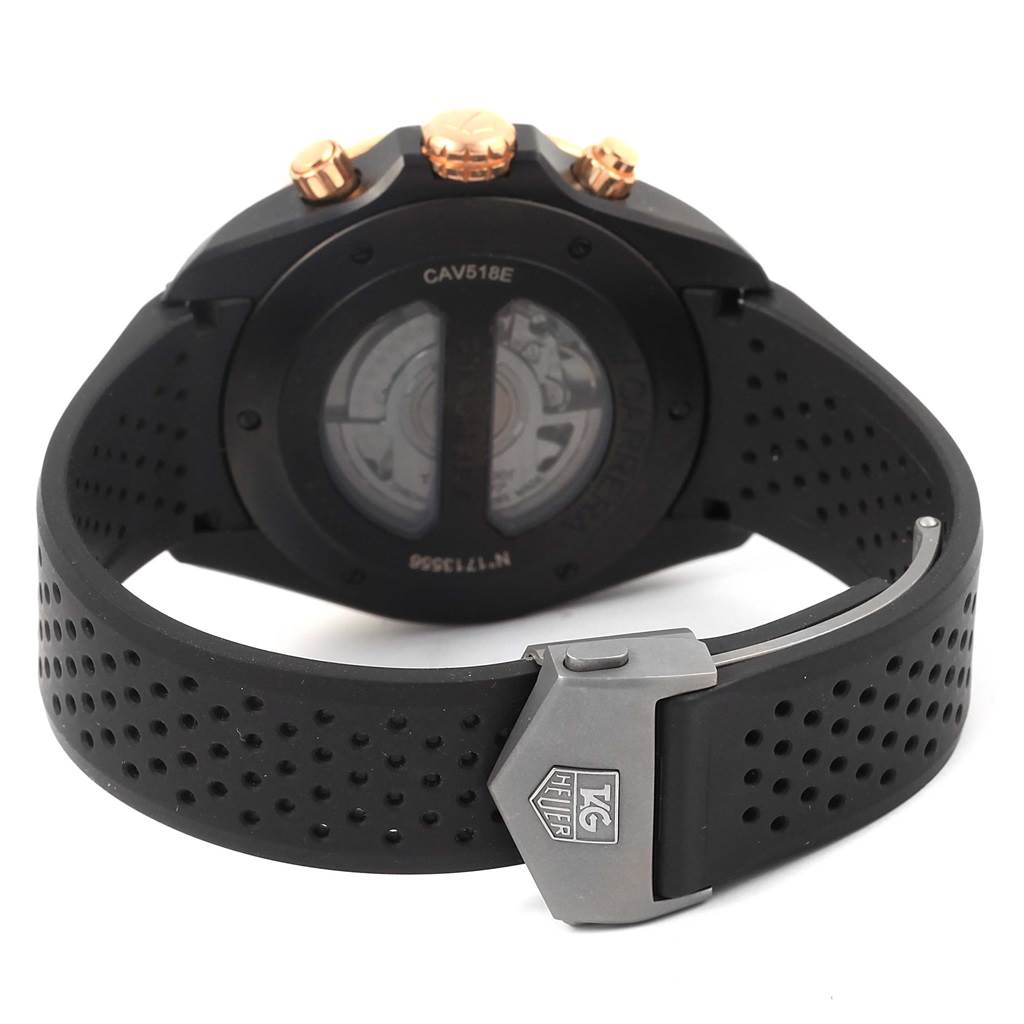 This image shows the back view of a Tag Heuer Carrera CAV518E.FT6016 Men's Rose Gold Black Dial CAV518E.FT6016 Men's Rose Gold Black Dial watch, highlighting the clasp, case back, and strap.