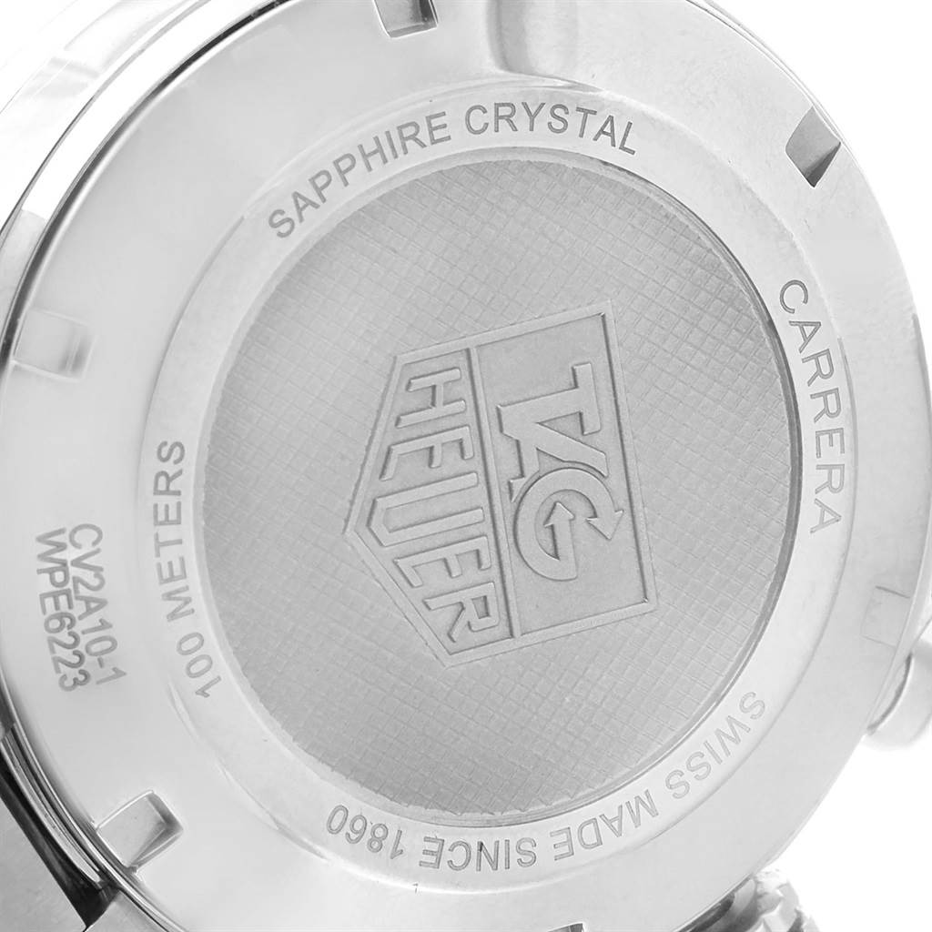 The image shows the back case of a Tag Heuer Carrera CV2A10.BA0796 Men's Stainless Steel Black Dial CV2A10.BA0796 Men's Stainless Steel Black Dial watch, highlighting the brand logo and model details.