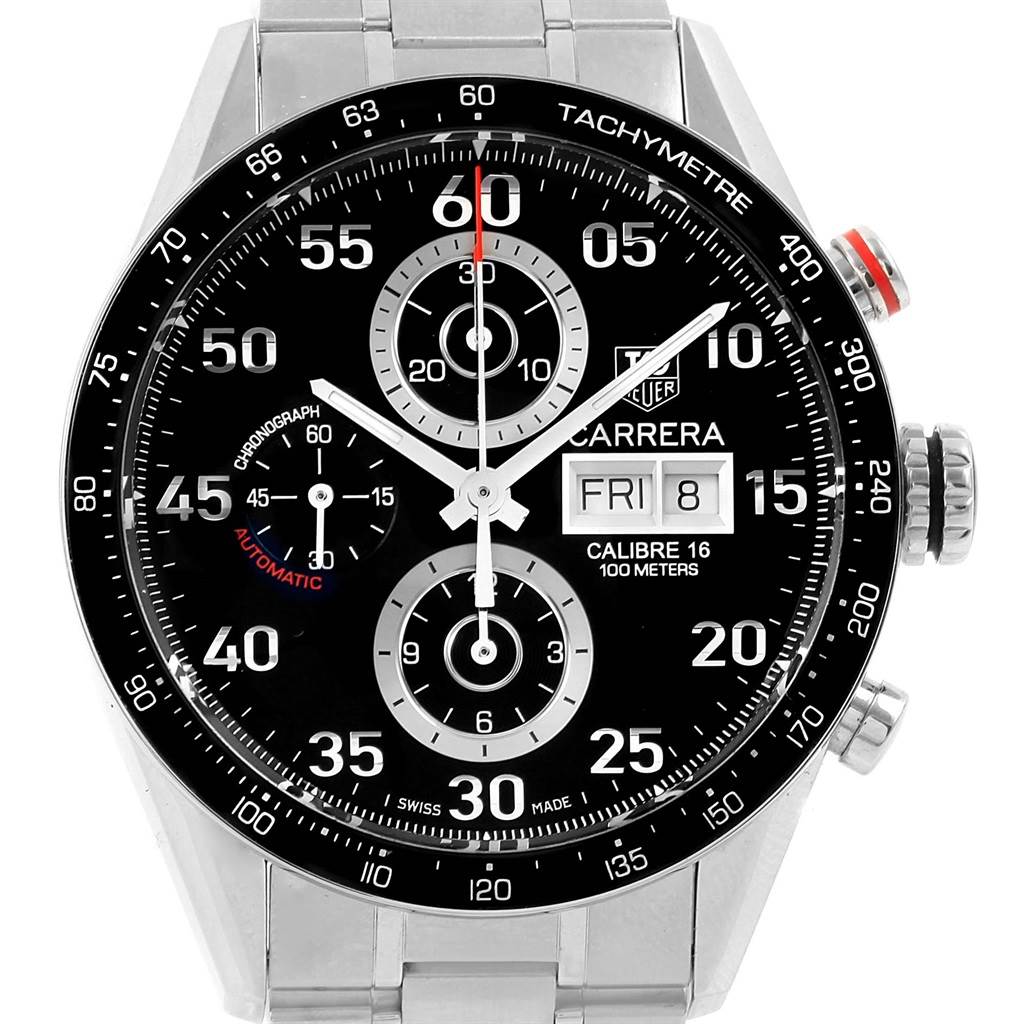 This image depicts a Tag Heuer Carrera CV2A10.BA0796 Men's Stainless Steel Black Dial CV2A10.BA0796 Men's Stainless Steel Black Dial watch showing its black dial, chronograph subdials, date display, and stainless steel bracelet from a front angle.