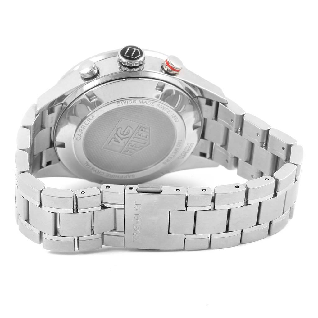 The image shows the back case and bracelet of a Tag Heuer Carrera CV2A10.BA0796 Men's Stainless Steel Black Dial CV2A10.BA0796 Men's Stainless Steel Black Dial model watch from a rear angle.